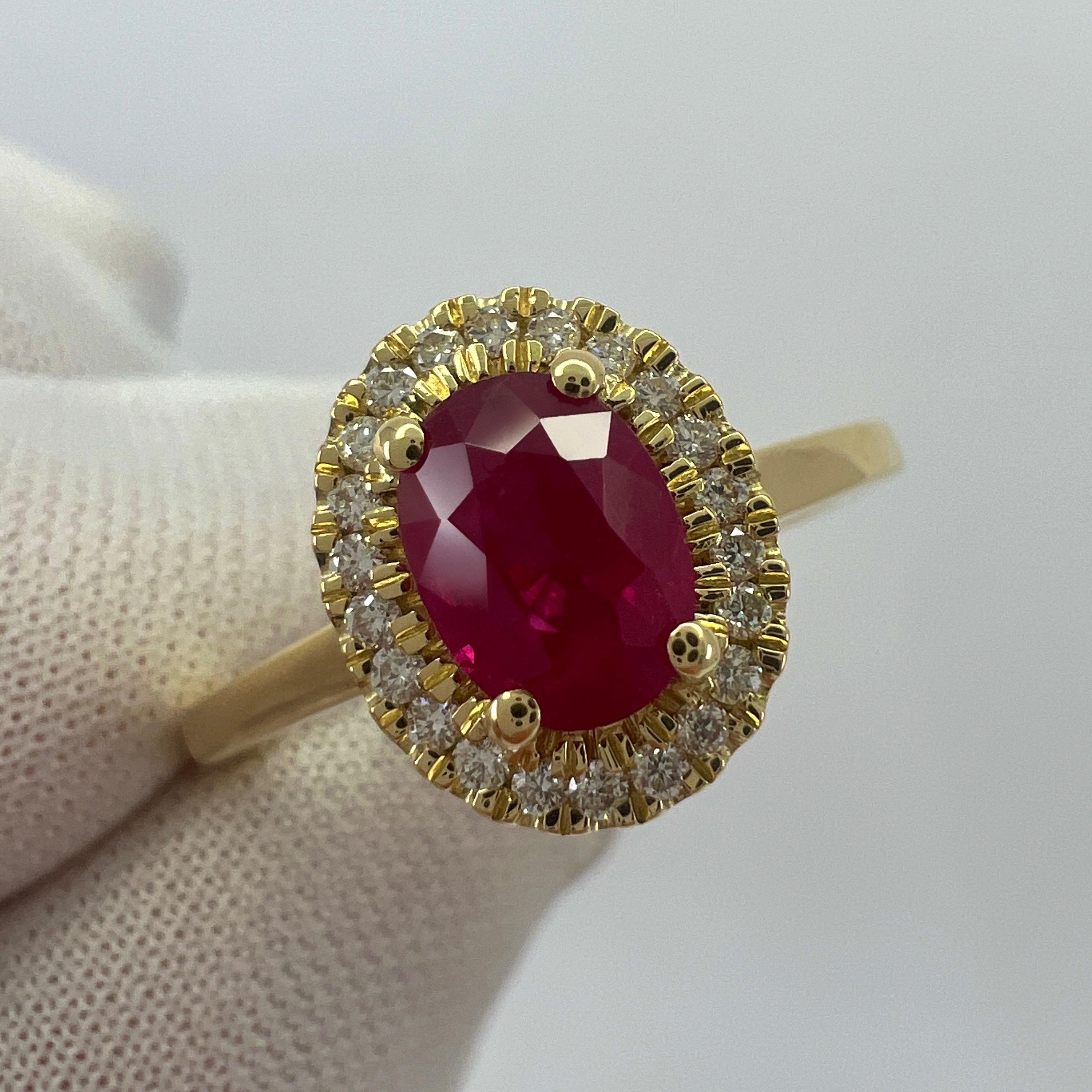 1.06 Carat Deep Red Ruby And Diamond Oval Cut 18k Yellow Gold Halo Cluster Ring For Sale 7