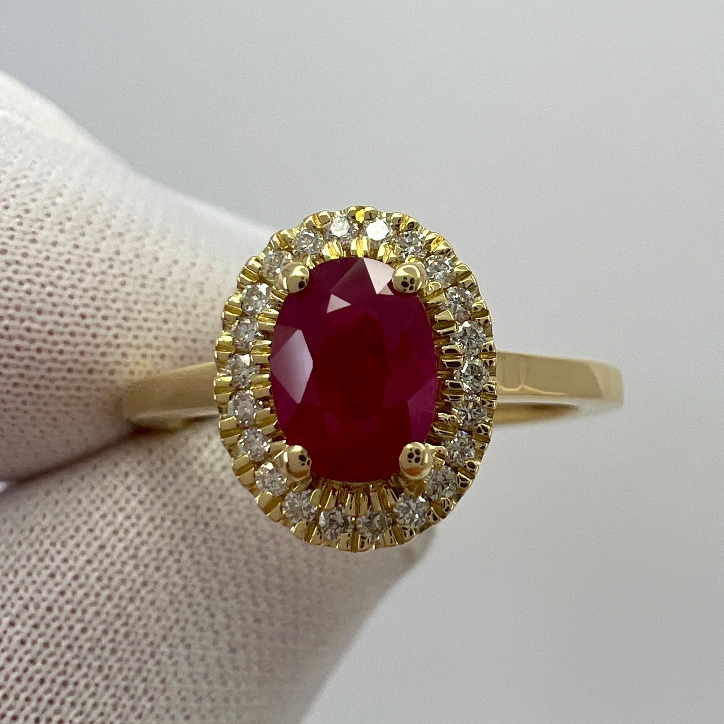 1.06 Carat Deep Red Ruby And Diamond Oval Cut 18k Yellow Gold Halo Cluster Ring For Sale 8