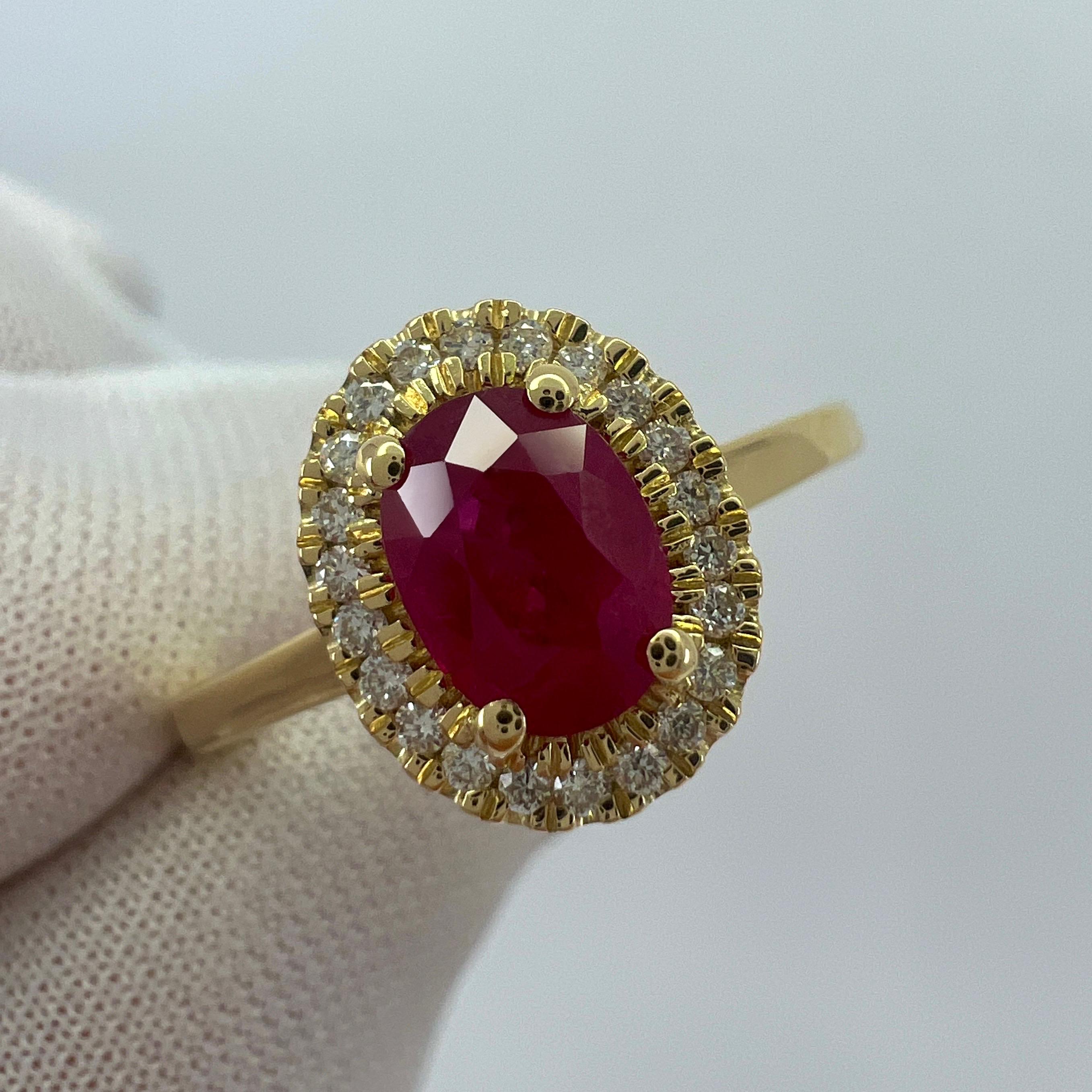 Fine Deep Red Ruby And Diamond 18k Yellow Gold Halo Cluster Ring.

1.06ct deep red oval cut natural ruby set in a finely made 18k yellow gold halo ring. This ruby has a beautiful deep 'cherry' red colour, a very good oval cut and good clarity. Some