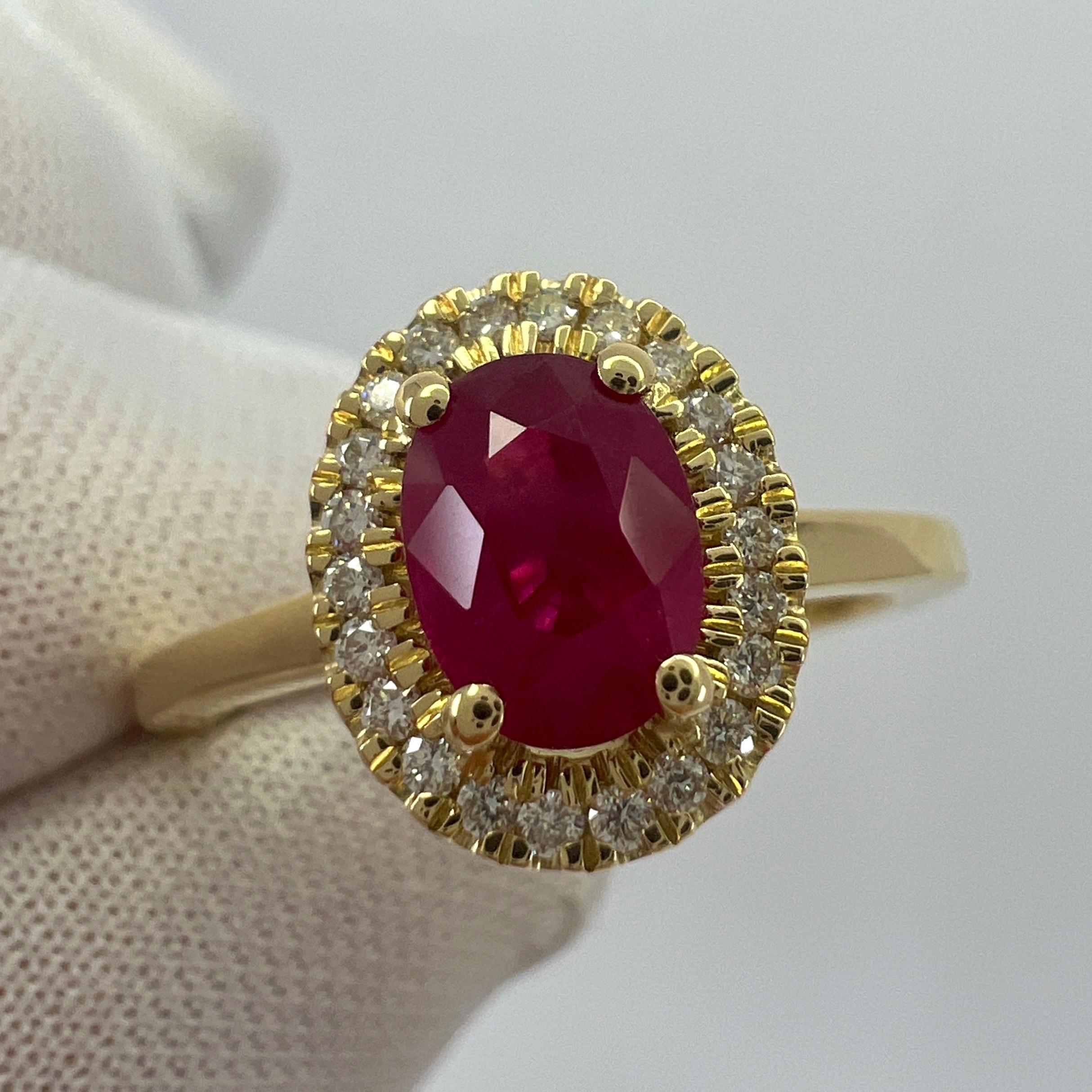 1.06 Carat Deep Red Ruby And Diamond Oval Cut 18k Yellow Gold Halo Cluster Ring In New Condition For Sale In Birmingham, GB