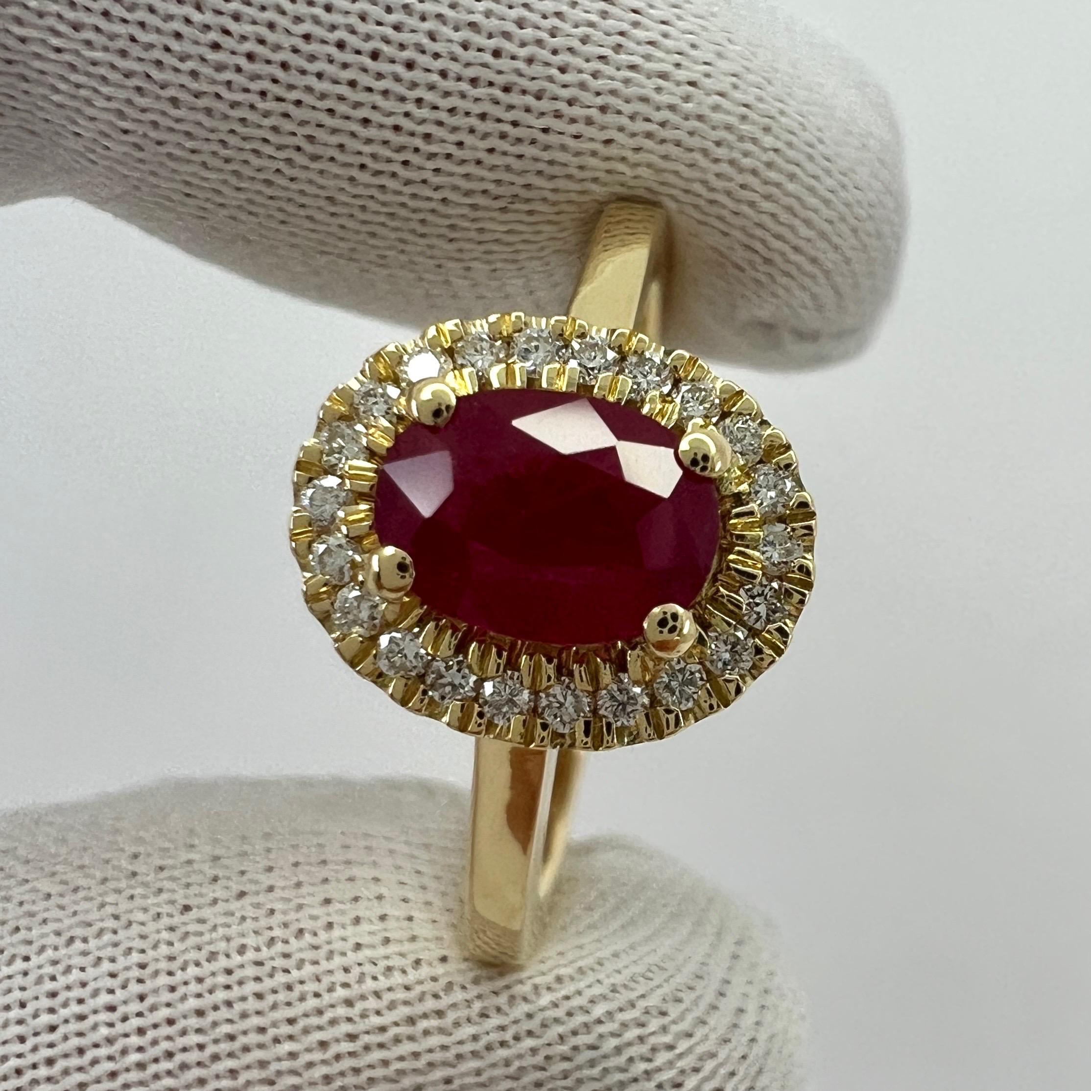 Women's or Men's 1.06 Carat Deep Red Ruby And Diamond Oval Cut 18k Yellow Gold Halo Cluster Ring For Sale
