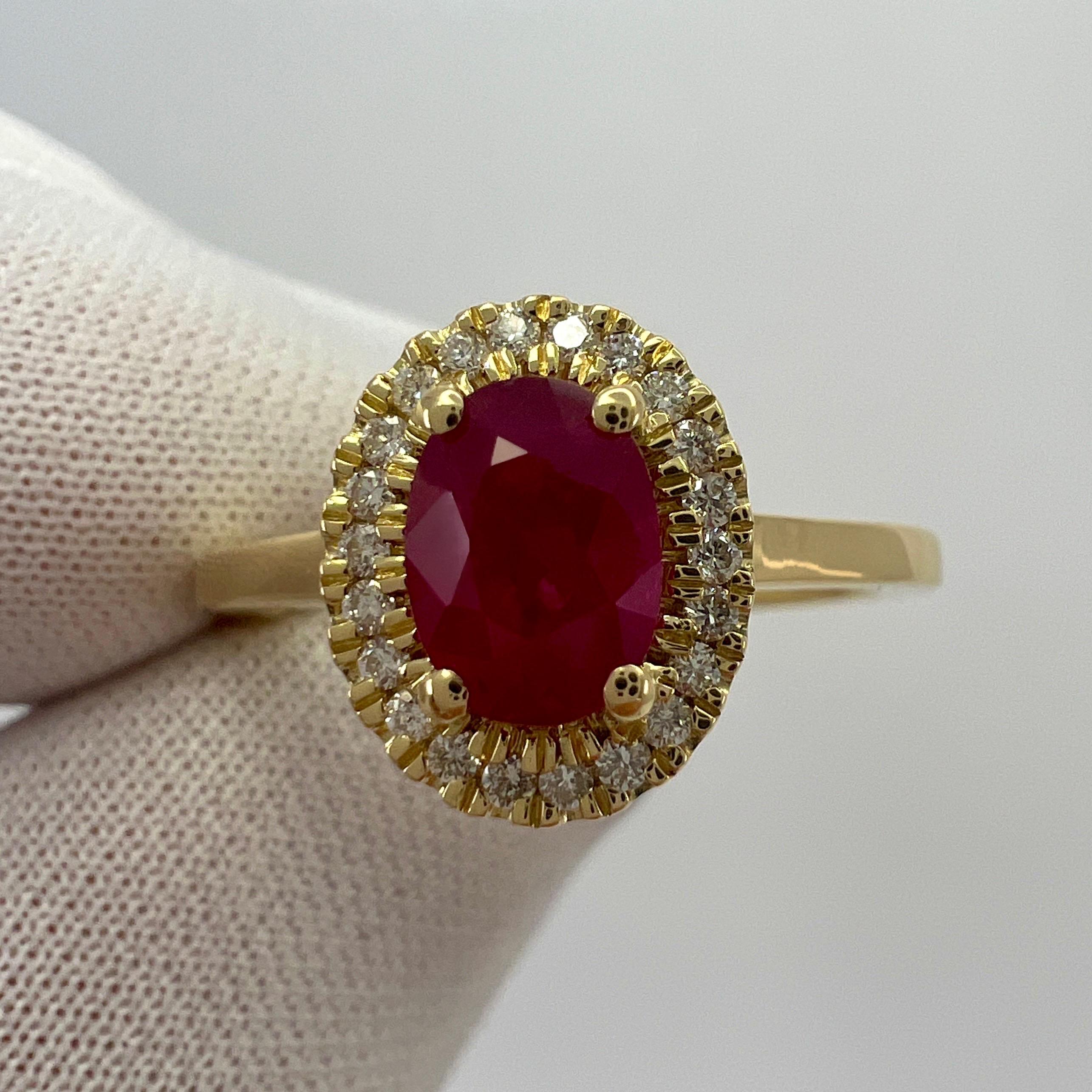 1.06 Carat Deep Red Ruby And Diamond Oval Cut 18k Yellow Gold Halo Cluster Ring For Sale 1