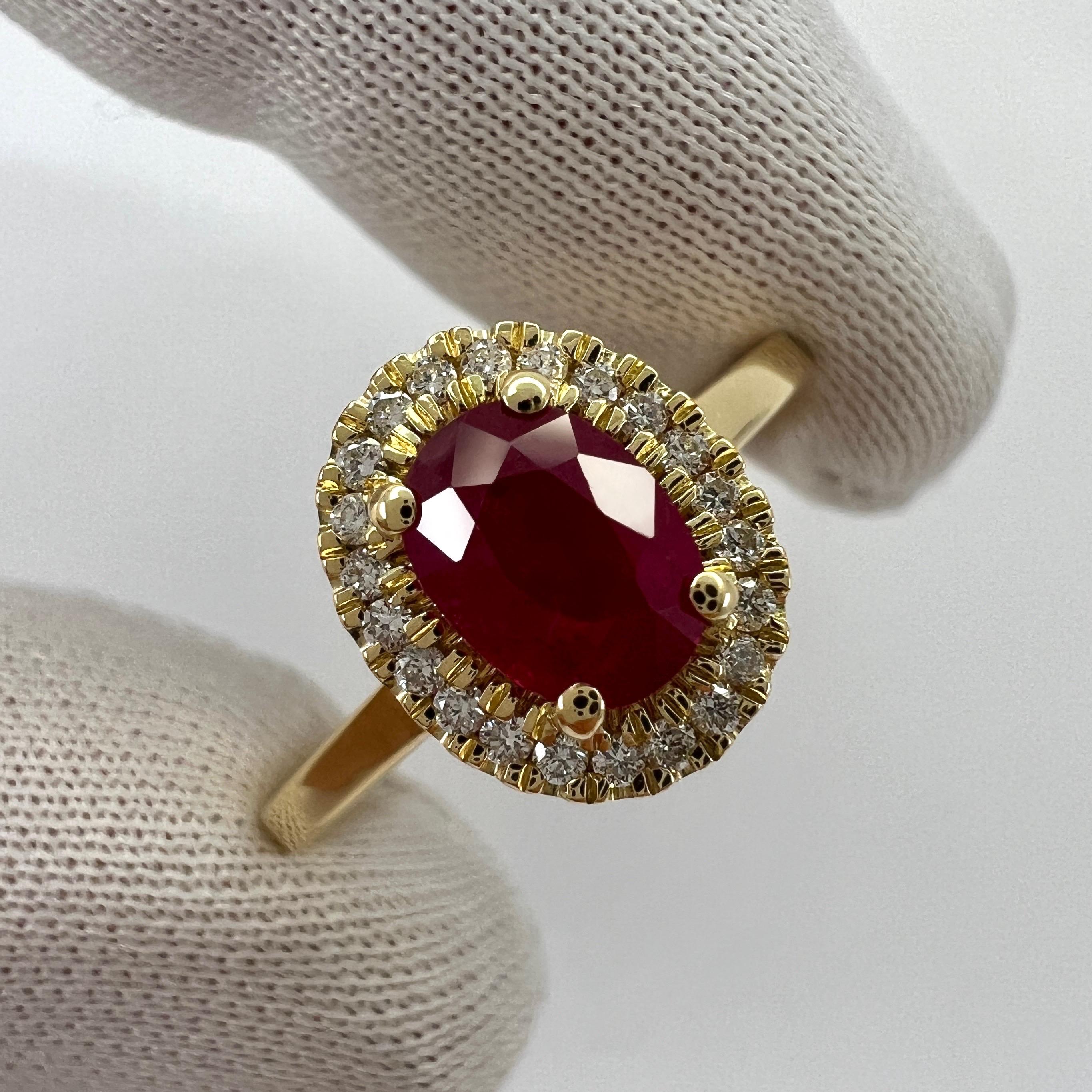 1.06 Carat Deep Red Ruby And Diamond Oval Cut 18k Yellow Gold Halo Cluster Ring For Sale 2