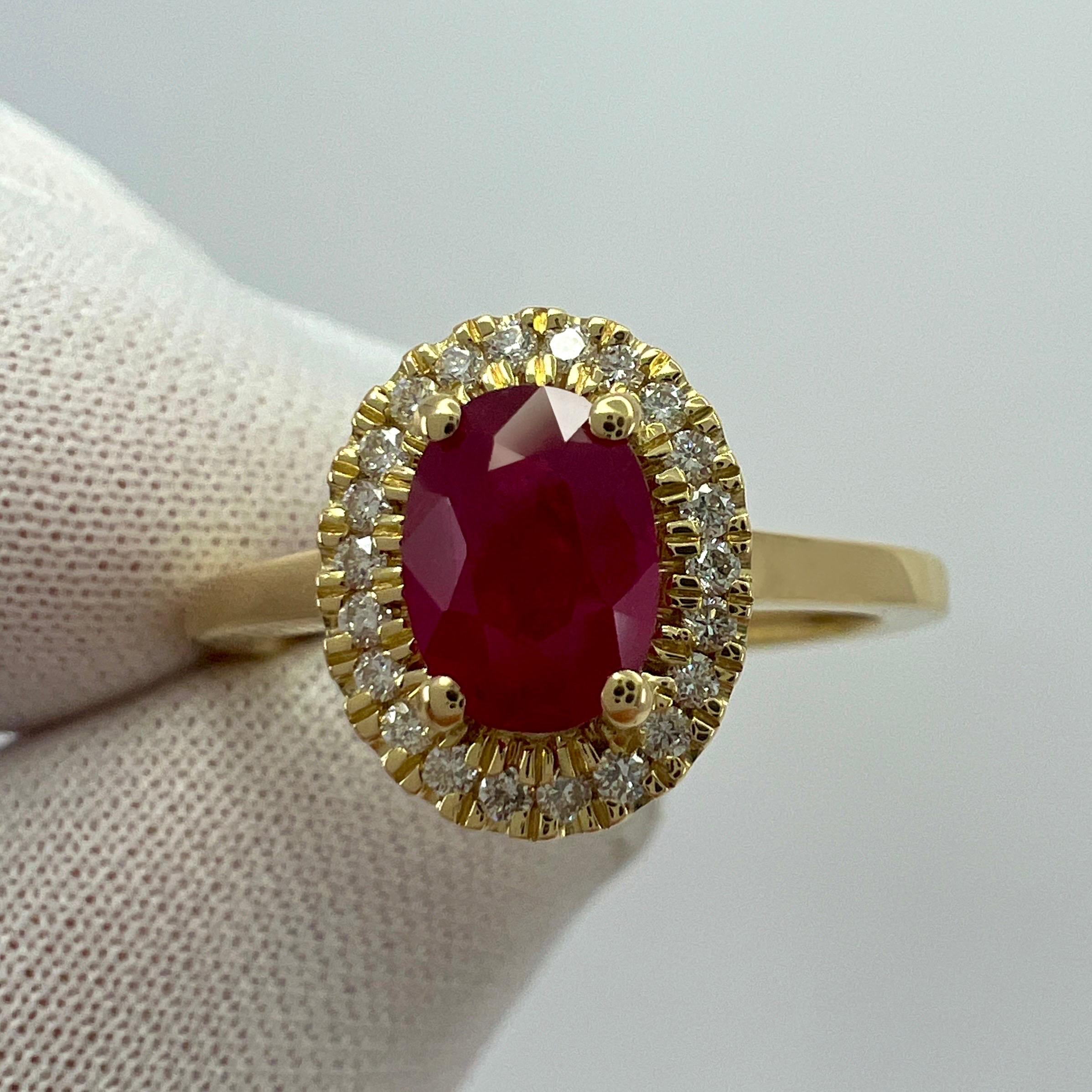 1.06 Carat Deep Red Ruby And Diamond Oval Cut 18k Yellow Gold Halo Cluster Ring For Sale 3