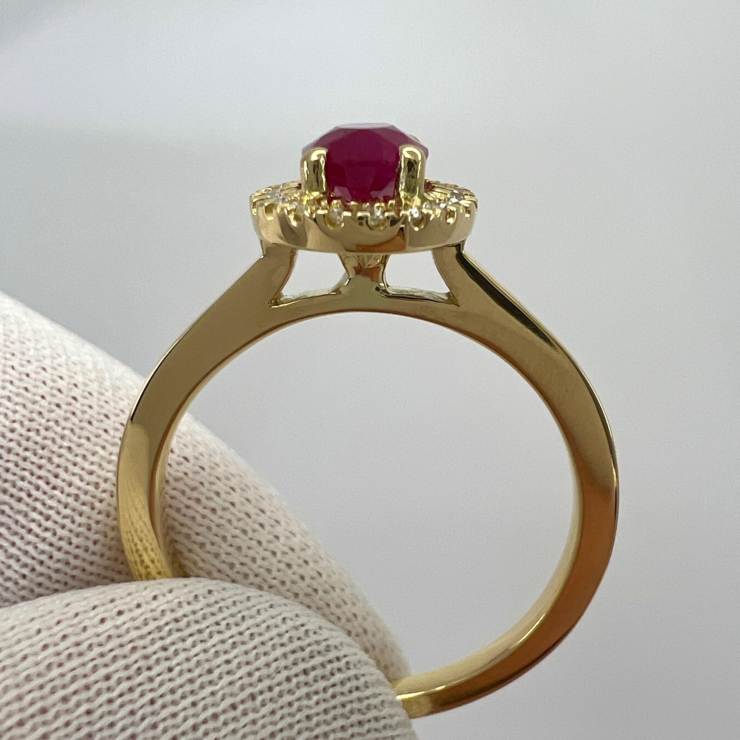 1.06 Carat Deep Red Ruby And Diamond Oval Cut 18k Yellow Gold Halo Cluster Ring For Sale 4