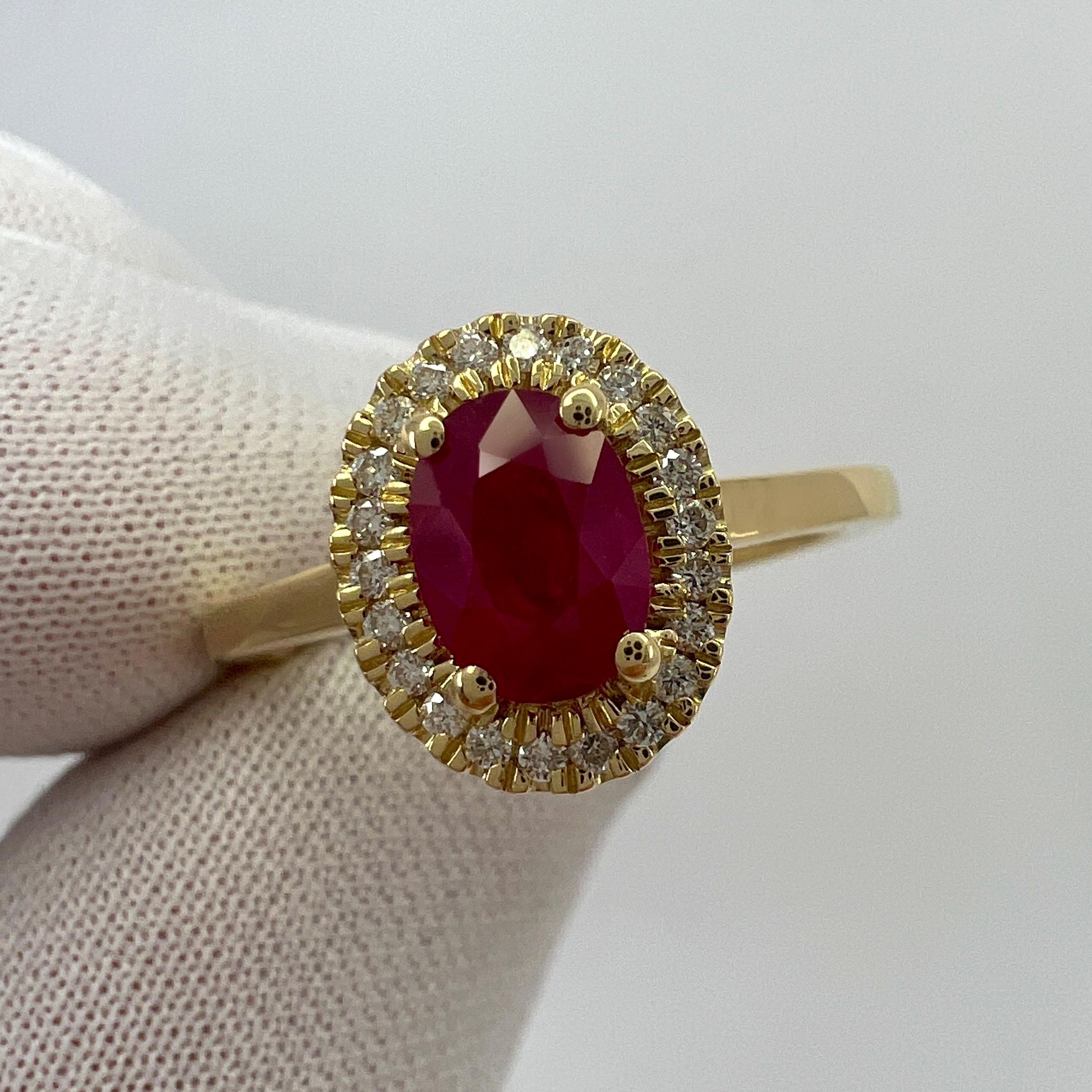 1.06 Carat Deep Red Ruby And Diamond Oval Cut 18k Yellow Gold Halo Cluster Ring For Sale 5