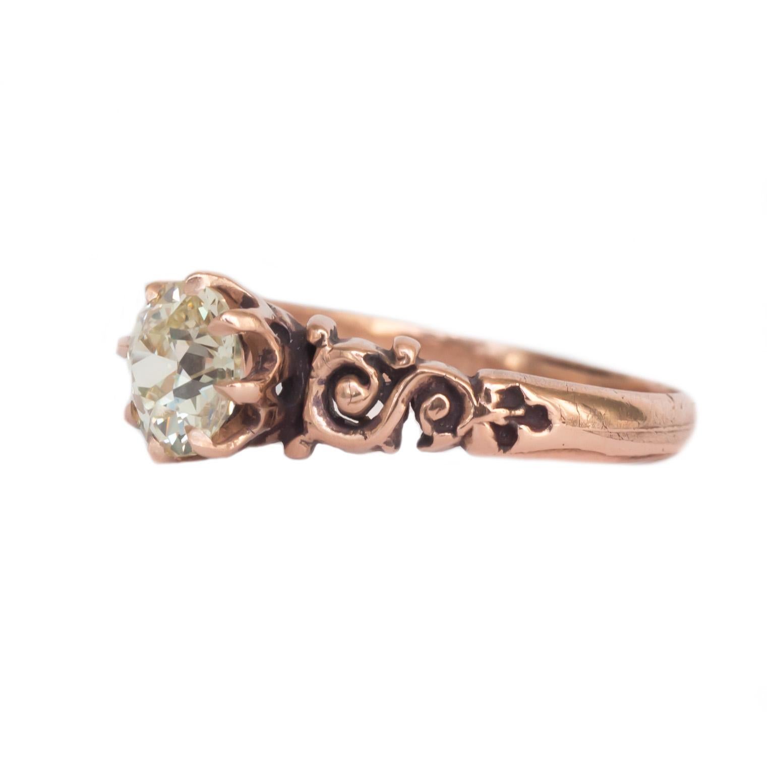 Ring Size: 6.5
Metal Type: 14 karat Rose Gold[Tested]
Weight: 2.5 grams

Center Stone Details:
Weight: 1.06 carat
Cut: Old European Brilliant
Color: Light Yellow [Q-R Color]
Clarity: VS1

Finger to Top of Stone Measurement: 5.75mm
Condition: 