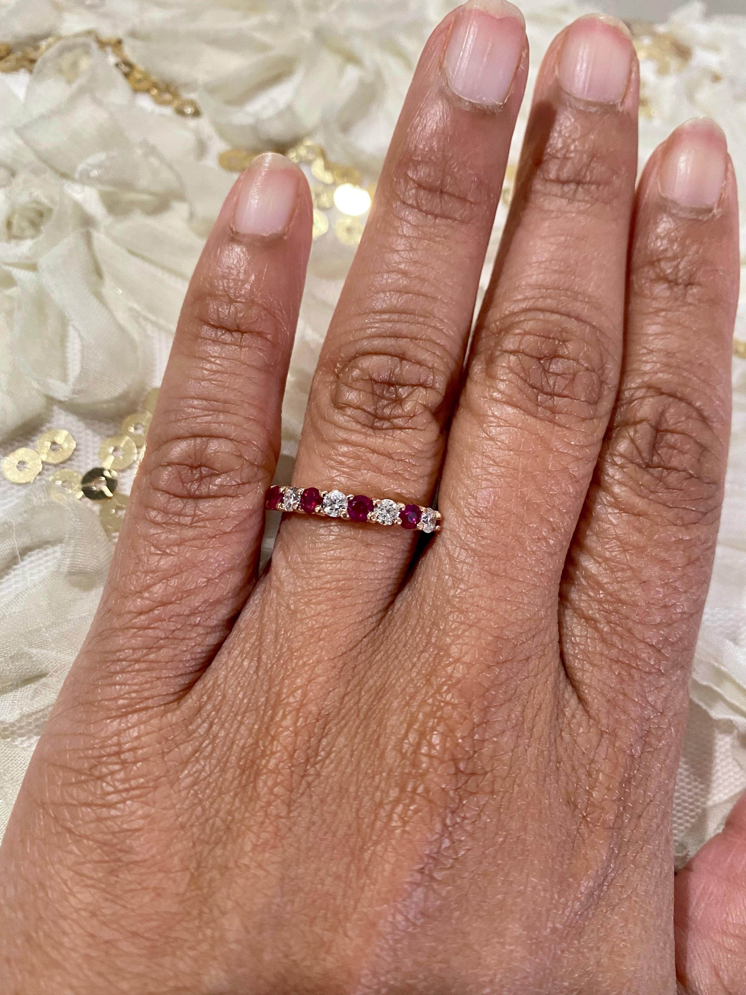 Round Cut 1.06 Carat Diamond Ruby 14 Karat Rose Gold Stackable Band For Sale
