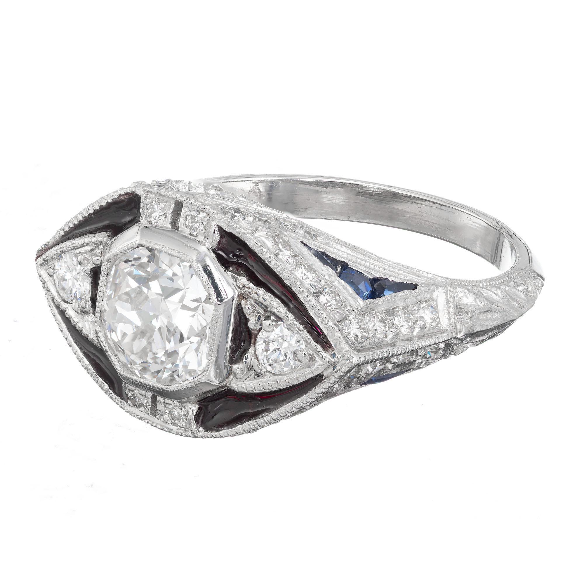 Bague de fiançailles du milieu du siècle en platine, émail, saphir et diamant 1,06 carat Bon état - En vente à Stamford, CT