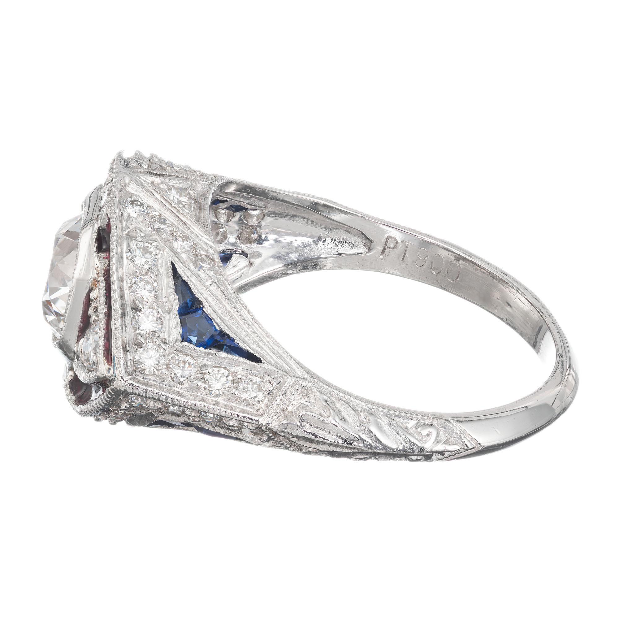 Women's 1.06 Carat Diamond Sapphire Enamel Platinum Midcentury Engagement Ring For Sale
