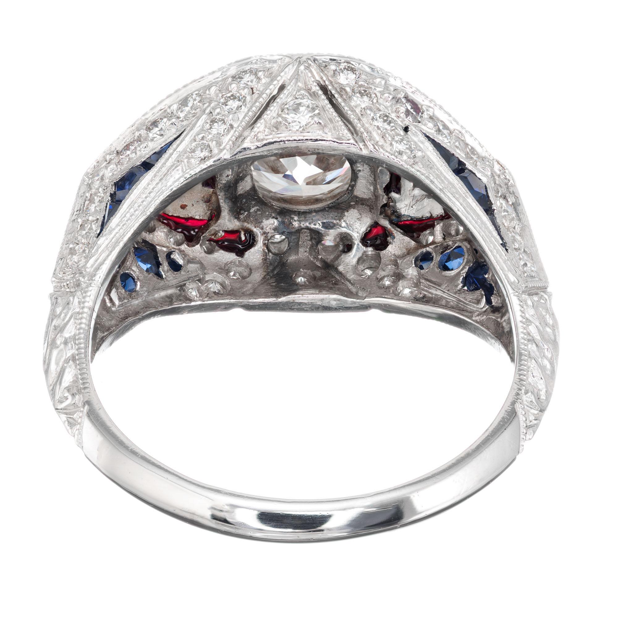 1.06 Carat Diamond Sapphire Enamel Platinum Midcentury Engagement Ring For Sale 1
