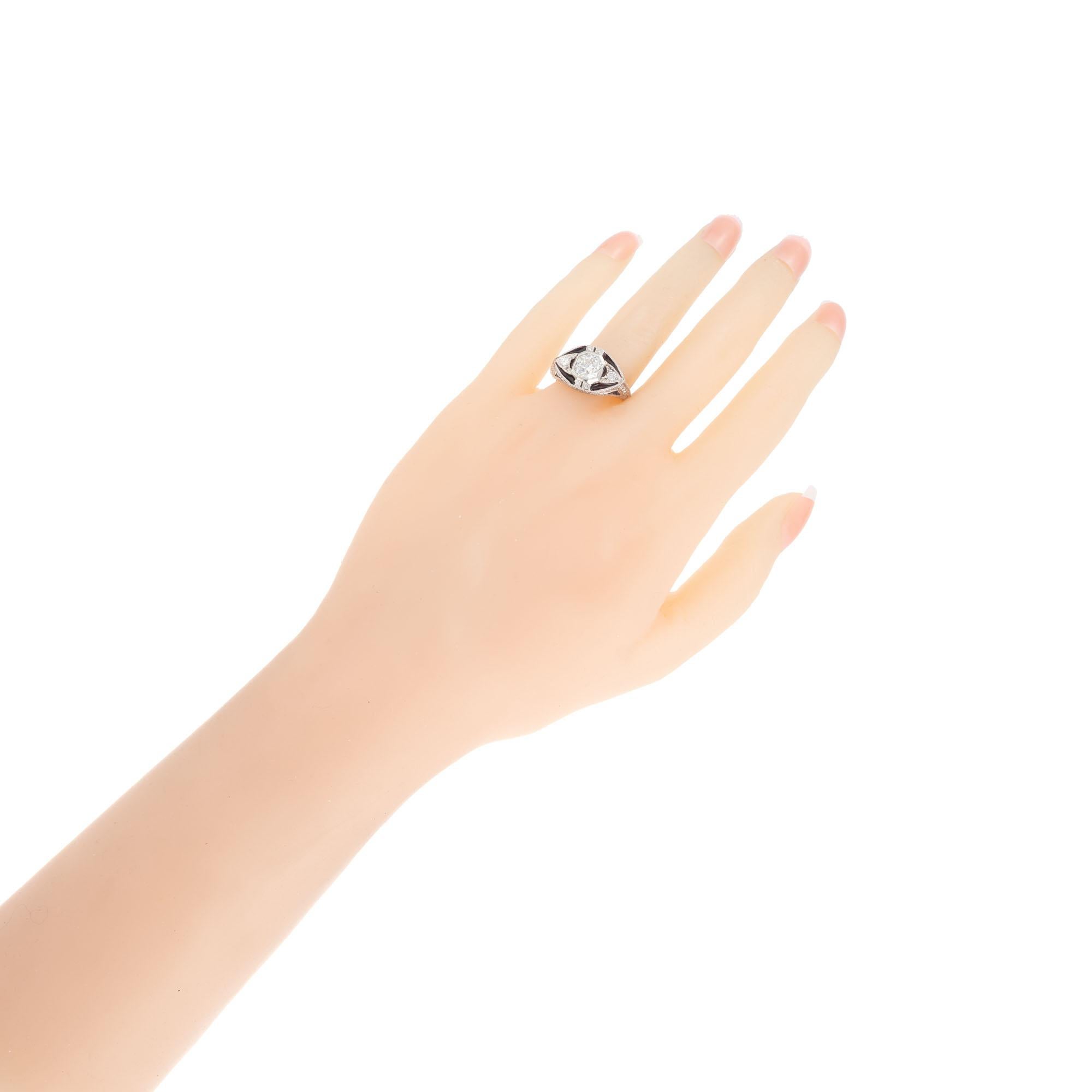 1.06 Carat Diamond Sapphire Enamel Platinum Midcentury Engagement Ring For Sale 3
