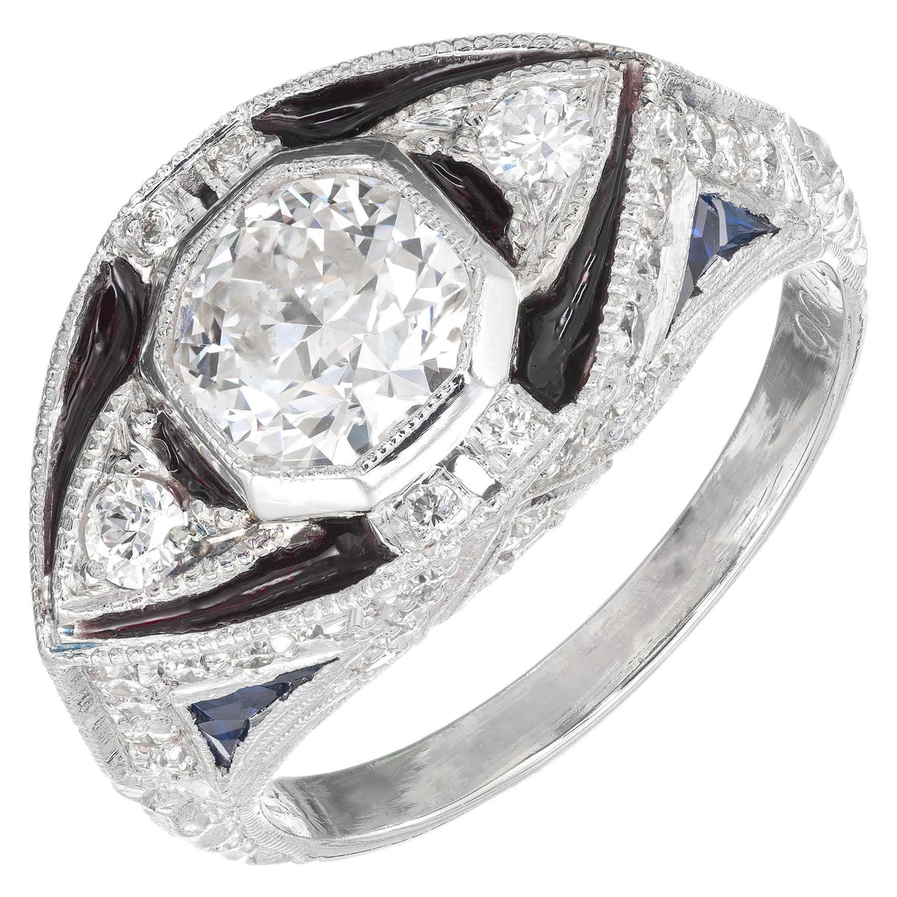 1.06 Carat Diamond Sapphire Enamel Platinum Midcentury Engagement Ring For Sale