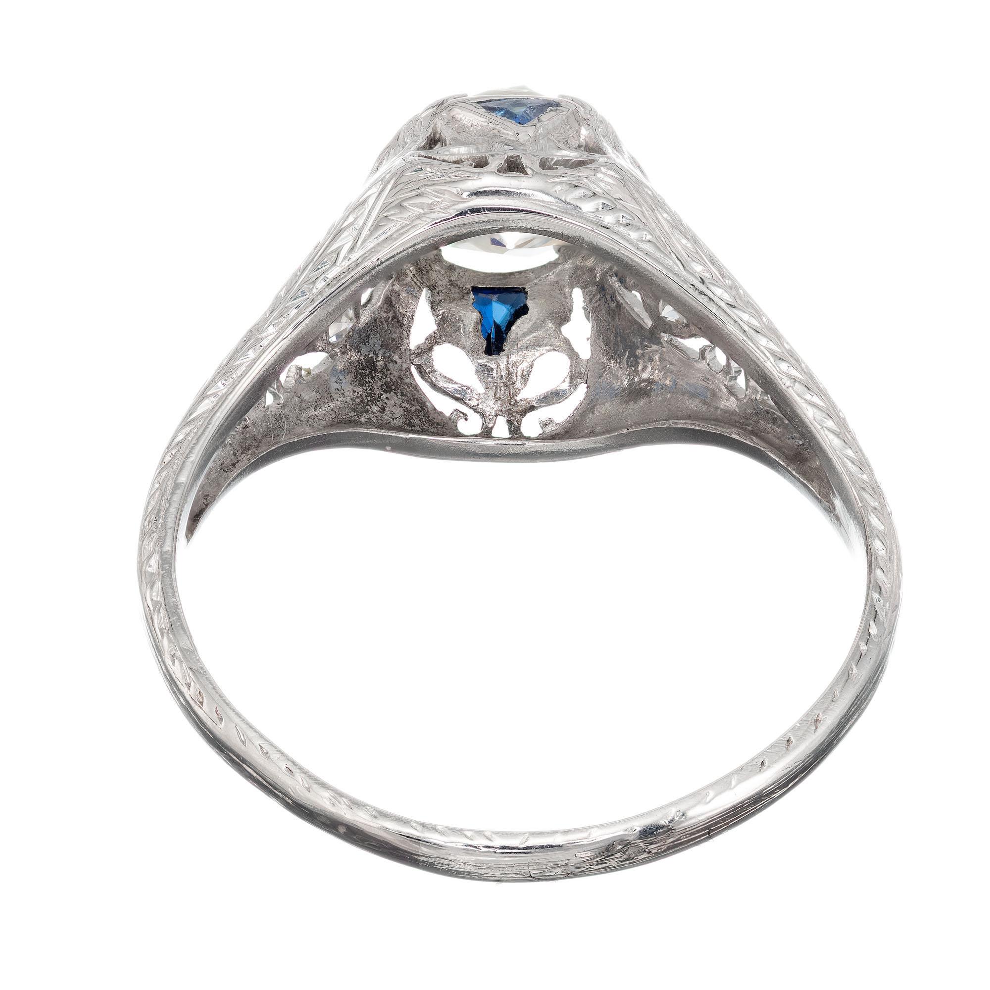 Women's 1.06 Carat Diamond Sapphire Platinum Engraved Engagement Ring For Sale