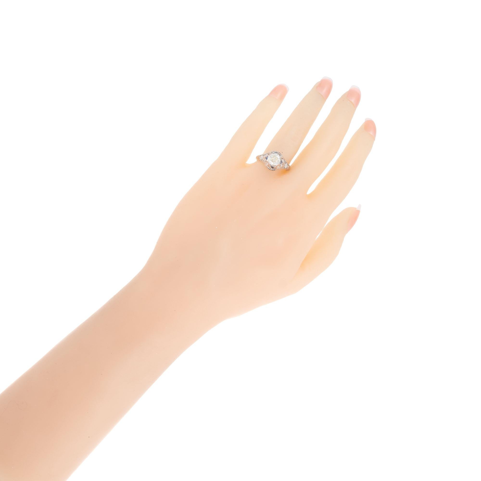 1.06 Carat Diamond Sapphire Platinum Engraved Engagement Ring For Sale 1