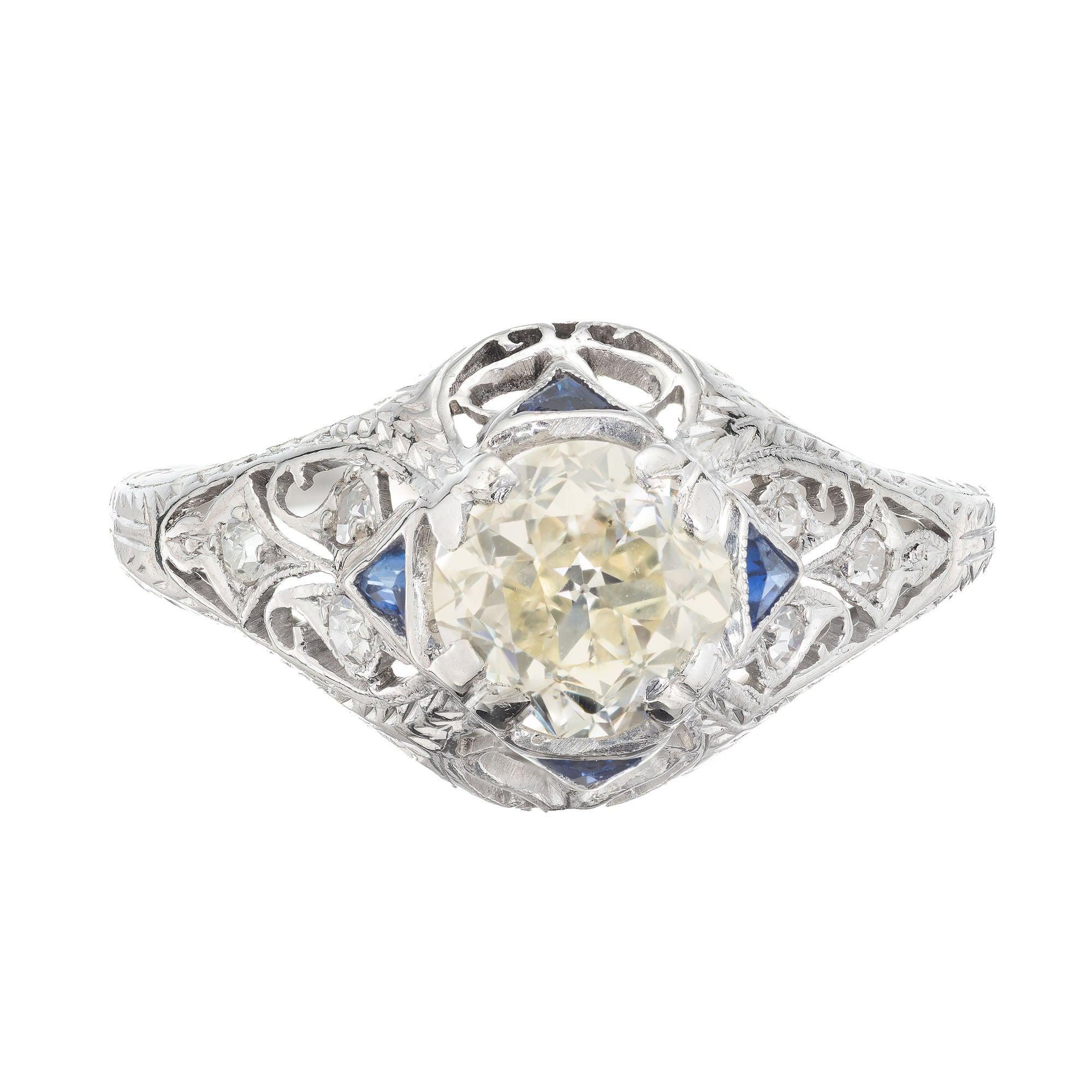 1.06 Carat Diamond Sapphire Platinum Engraved Engagement Ring For Sale