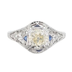 Antique 1.06 Carat Diamond Sapphire Platinum Engraved Engagement Ring