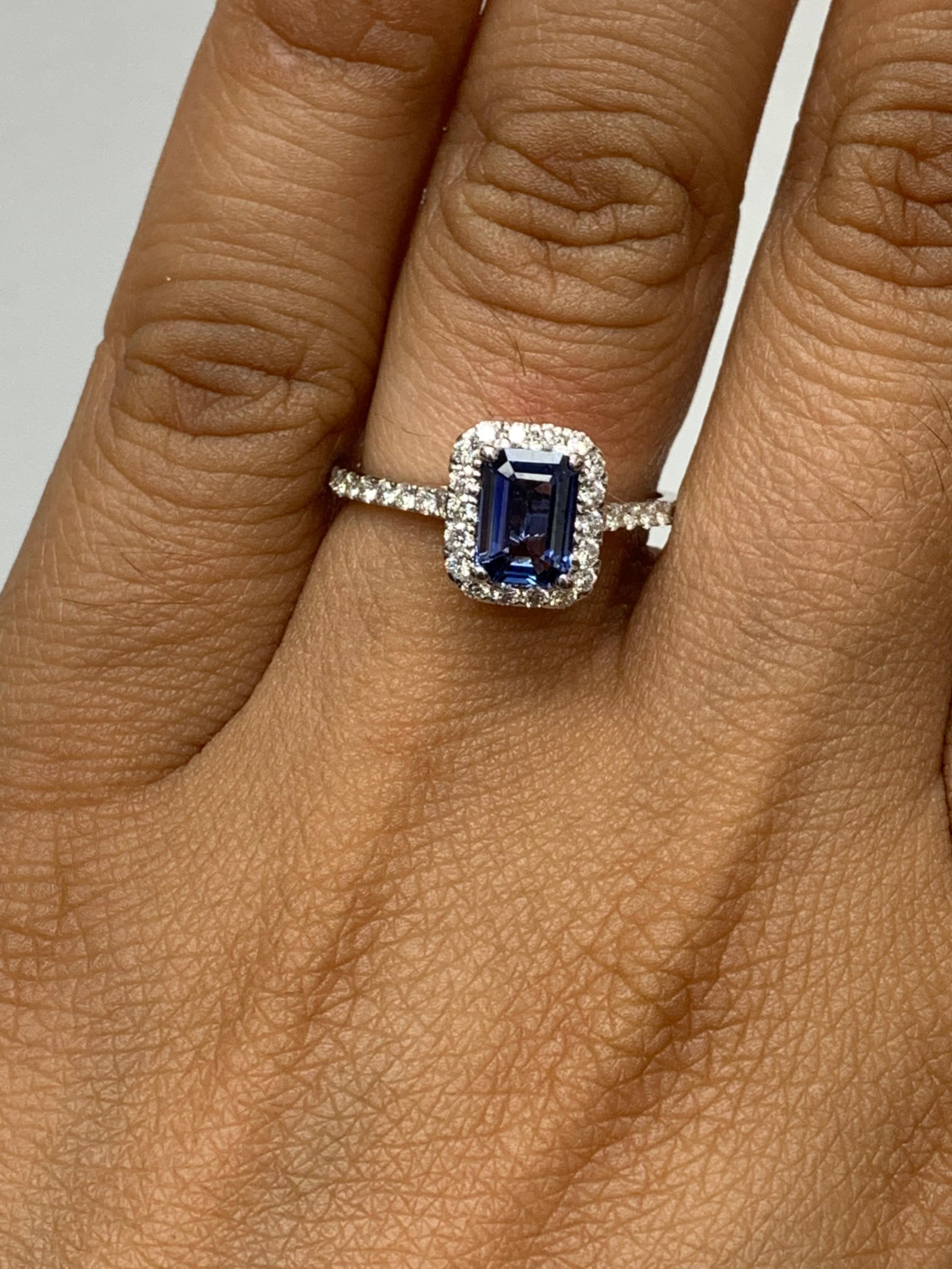 1,06 Karat Smaragdschliff Blauer Saphir Diamant-Verlobungsring aus 14K Weißgold im Angebot 5