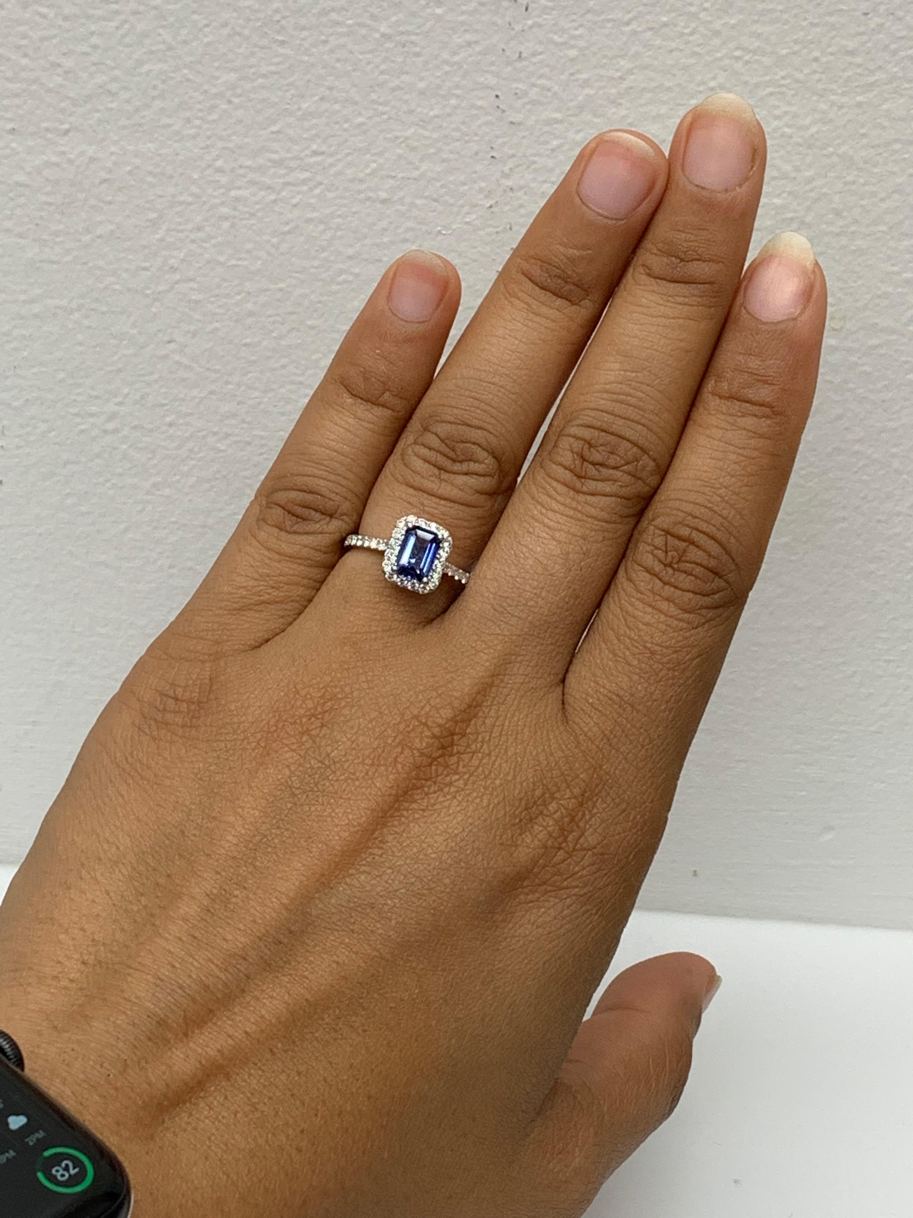 1,06 Karat Smaragdschliff Blauer Saphir Diamant-Verlobungsring aus 14K Weißgold im Angebot 12