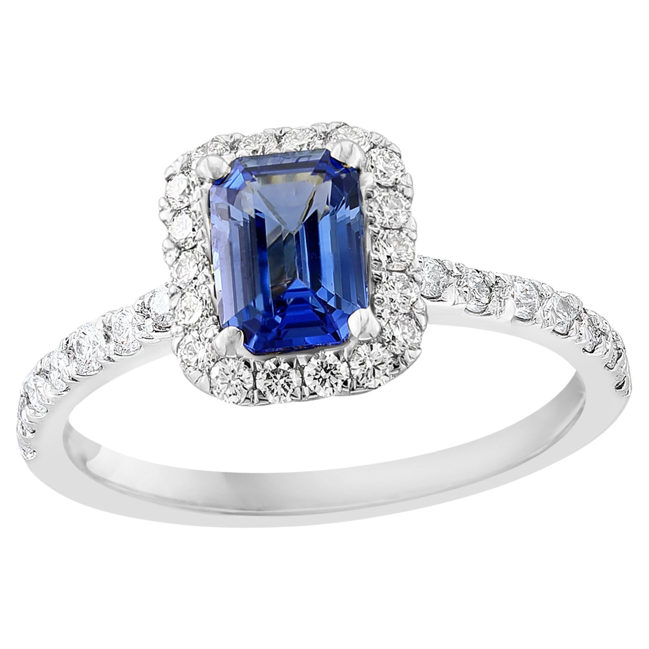 1.06 Carat Emerald Cut Blue Sapphire Diamond Engagement Ring in 14K White Gold