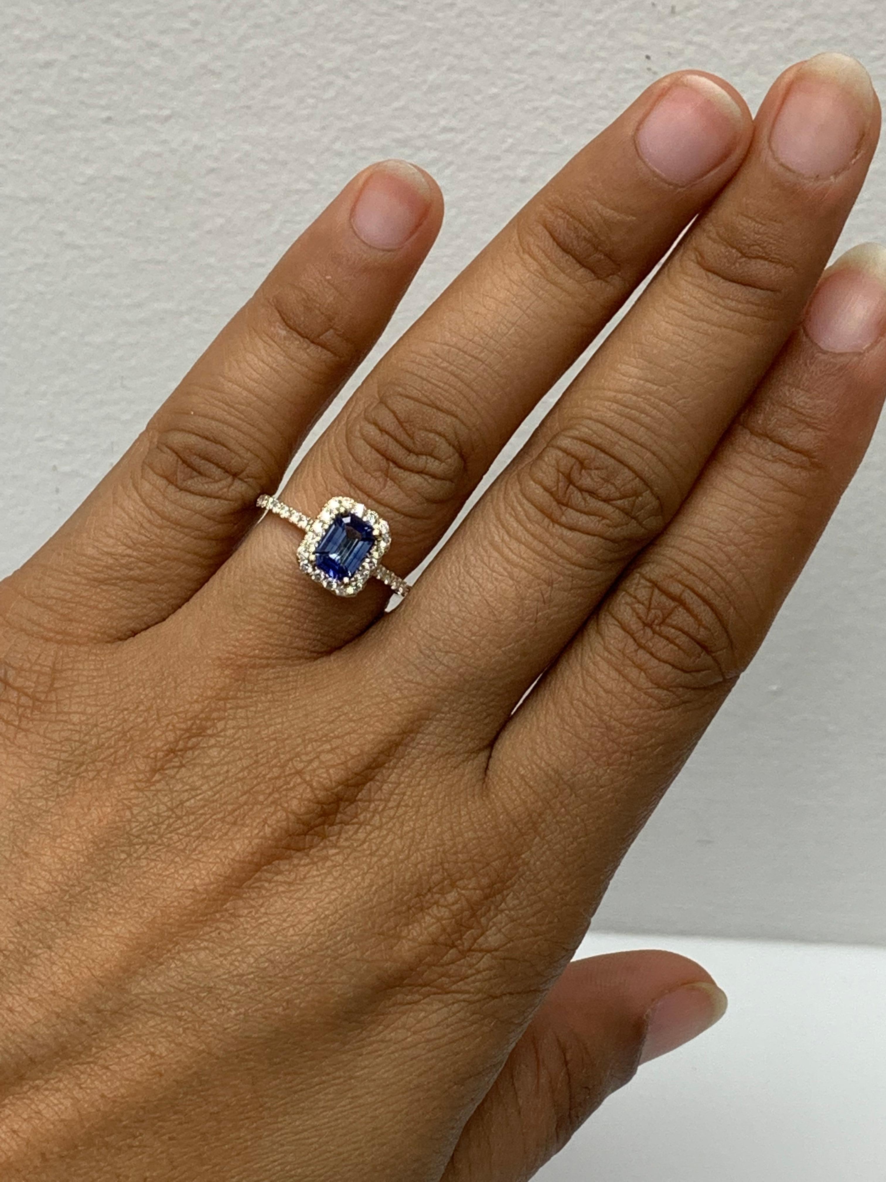 1.06 Carat Emerald Cut Blue Sapphire Diamond Engagement Ring in 14K Yellow Gold For Sale 11