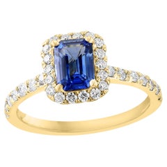 1.06 Carat Emerald Cut Blue Sapphire Diamond Engagement Ring in 14K Yellow Gold