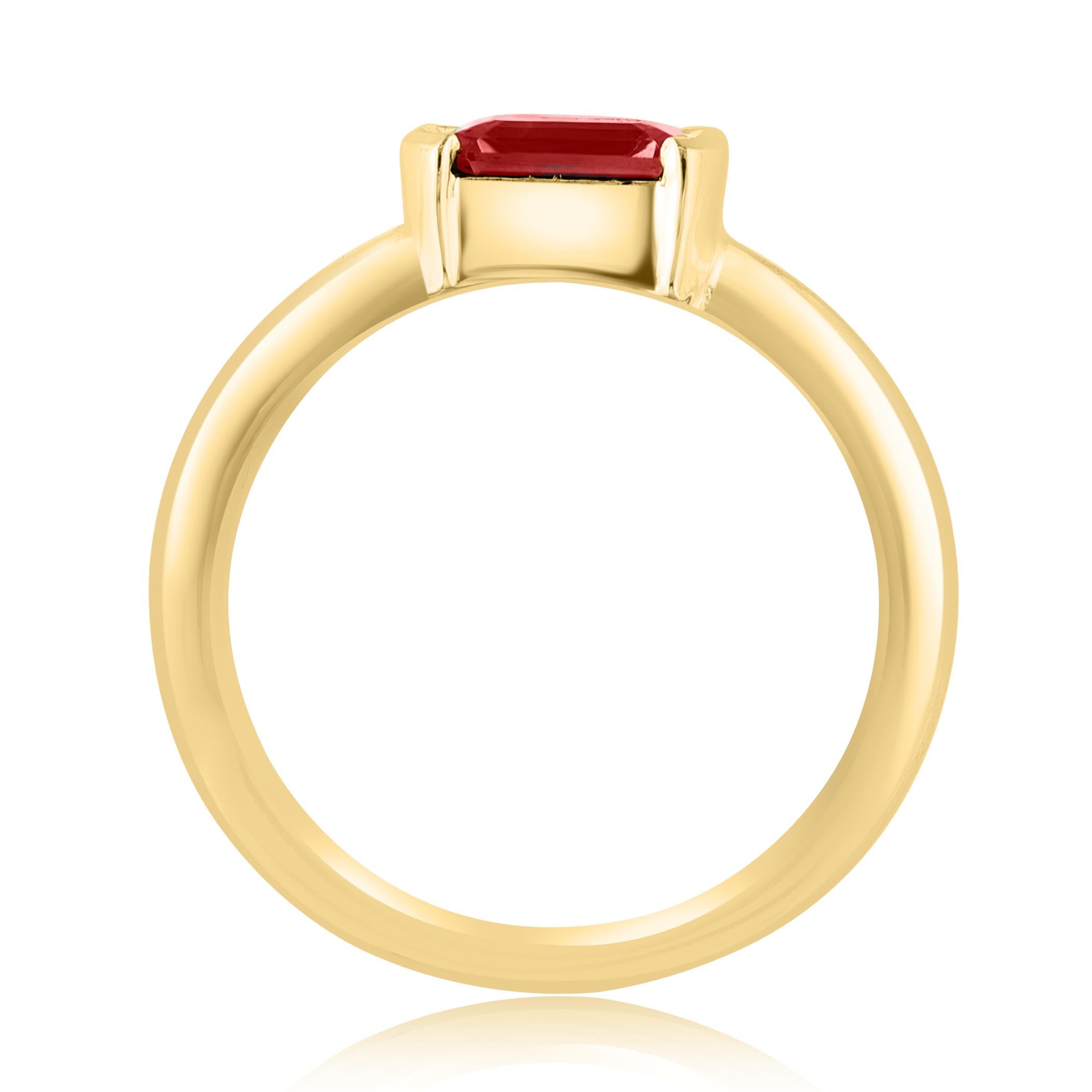 An elegant wedding band ring featuring an astonishing 1.06-carat emerald cut lush red ruby, set in a beautiful wide 14K yellow gold band. 

Style is available in different price ranges. Prices are based on your selection. Don't hesitate to get in