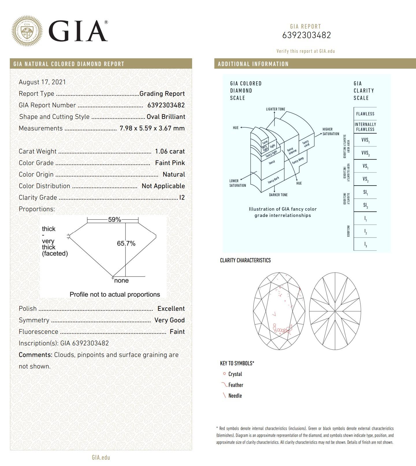 1.06 Carat Faint Pink Diamond Ring I2 Clarity GIA Certified For Sale 3