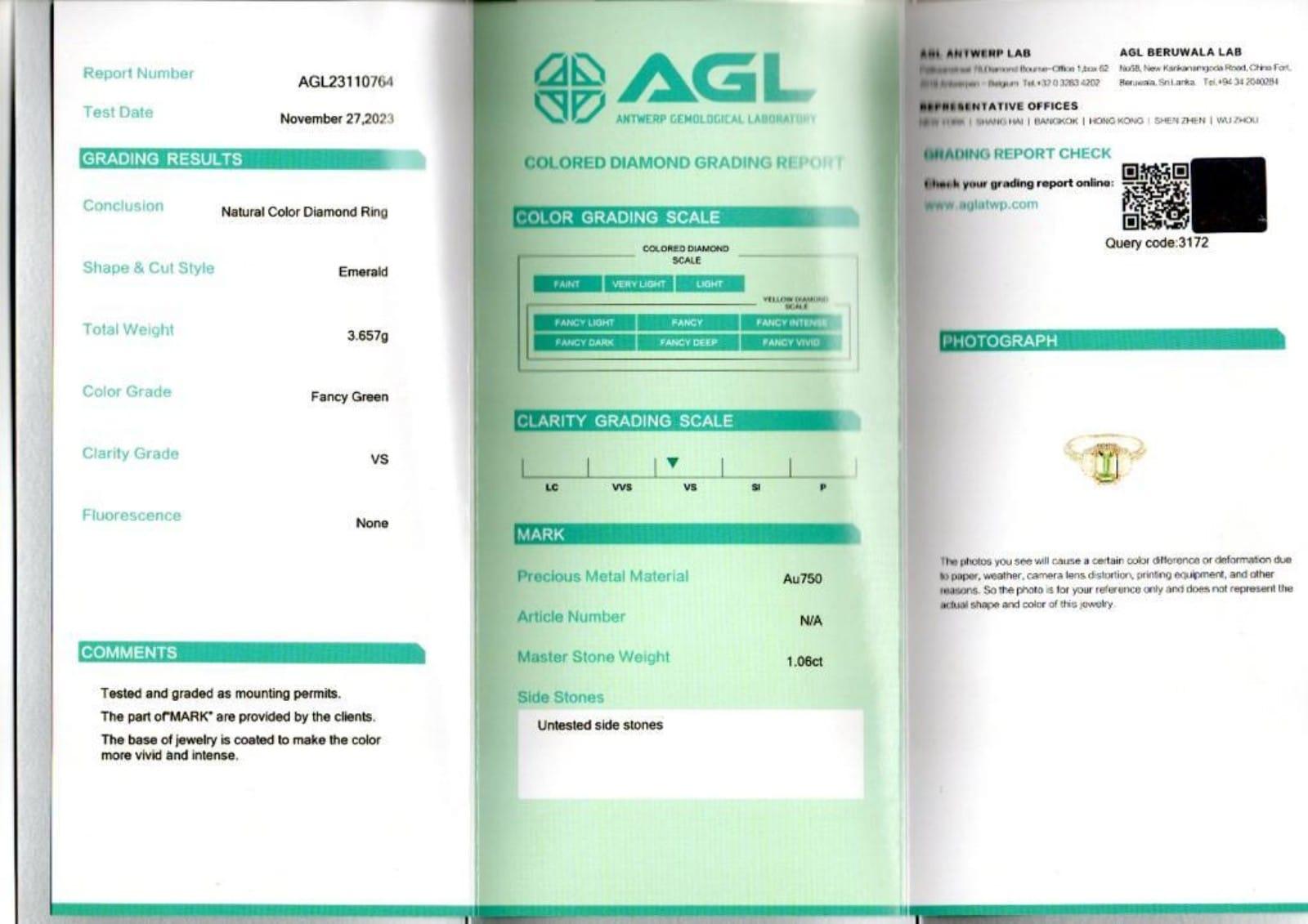 1.06 Carat Fancy Green Diamond Ring VS Clarity AGL Certified For Sale 1