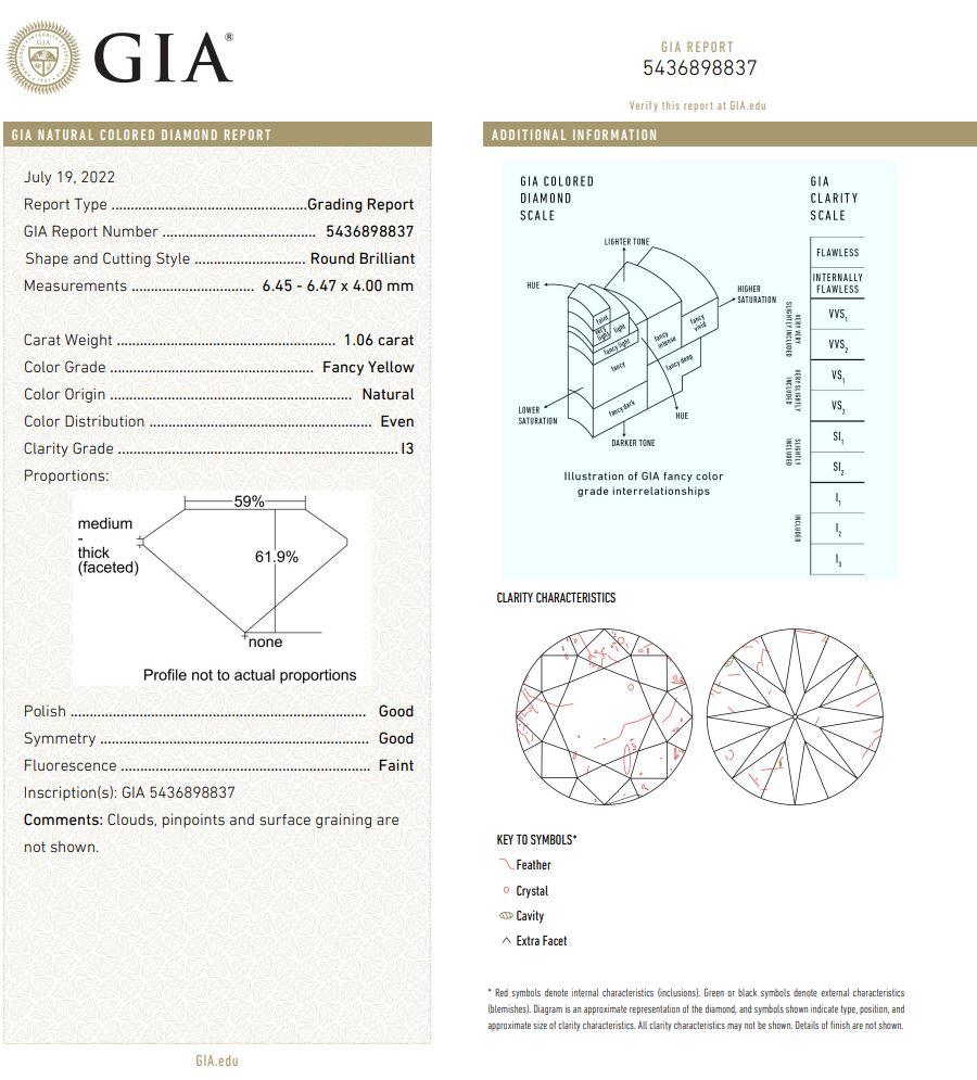1.06 Carat Fancy Yellow Round cut diamond I3 Clarity GIA Certified For Sale 1