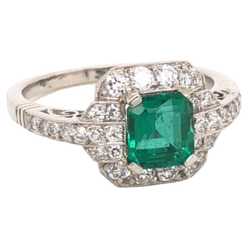 1.06 Carat GIA Emerald and Diamond Art Deco Platinum Ring Estate Fine Jewelry