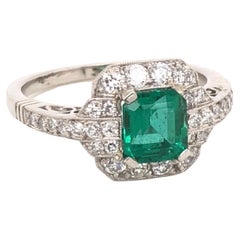 Retro 1.06 Carat GIA Emerald and Diamond Art Deco Platinum Ring Estate Fine Jewelry