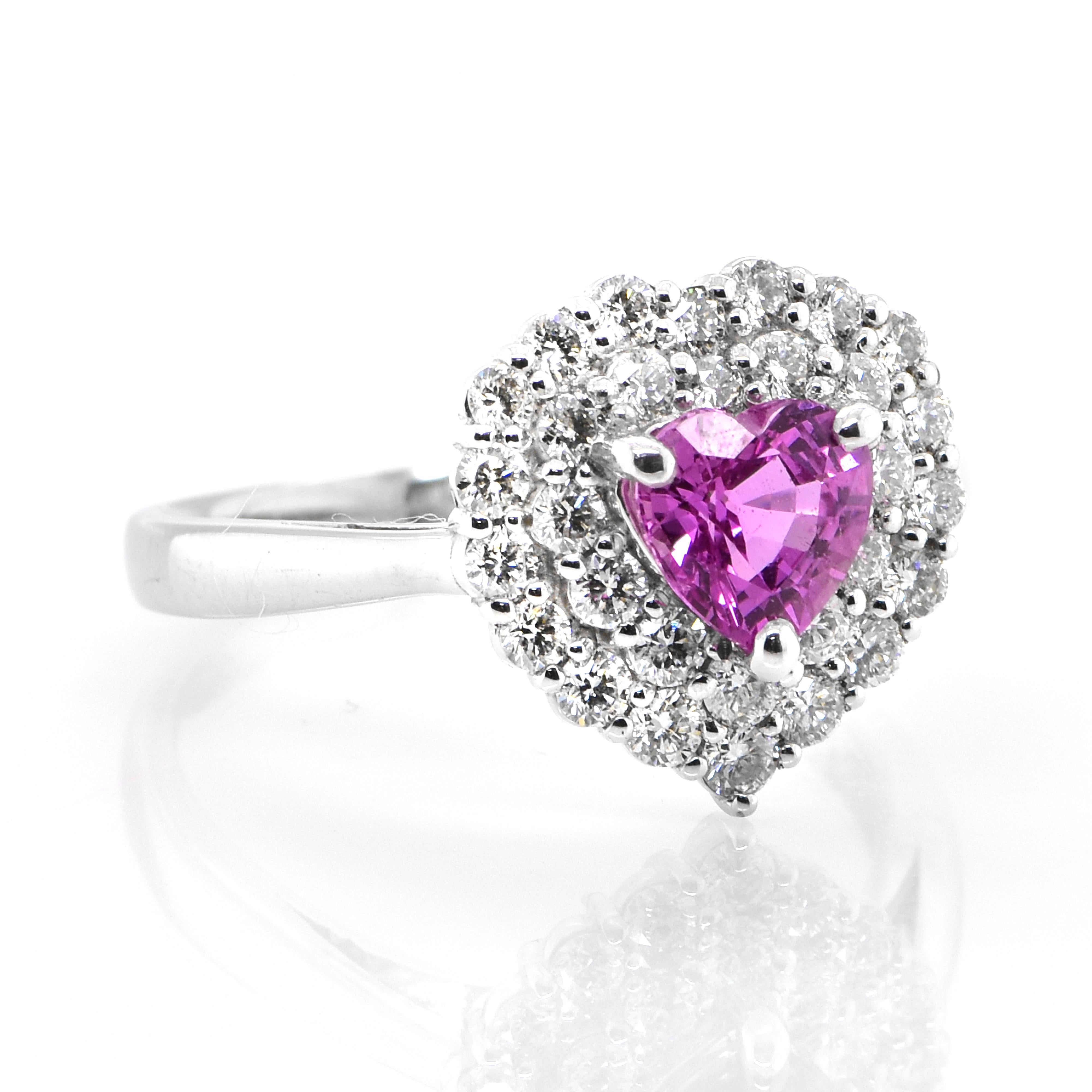 Modern 1.06 Carat Heart-Cut Pink Sapphire and Diamond Double-Halo Ring Set in Platinum For Sale