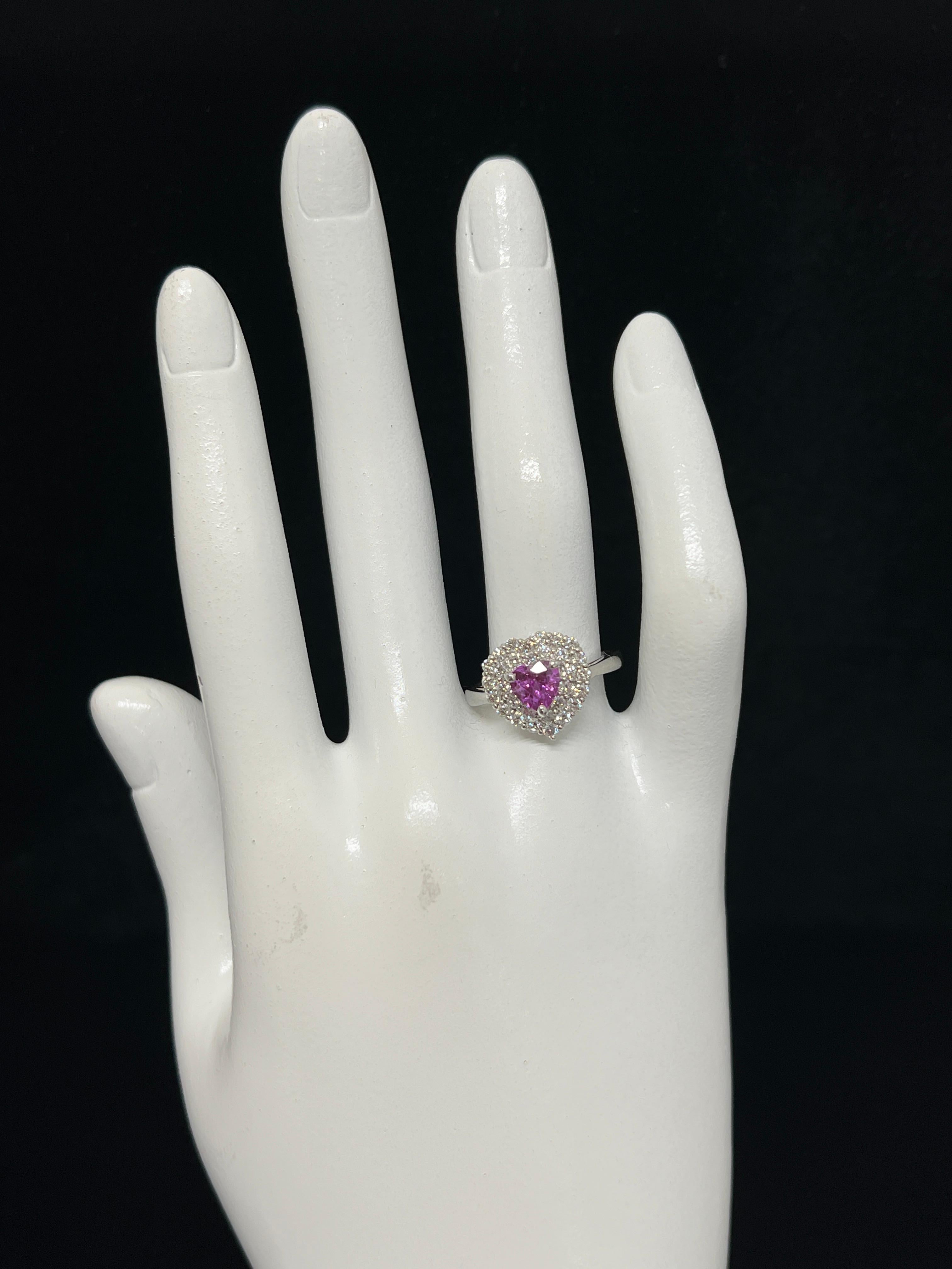 Bague double halo en platine avec saphir rose taille cœur de 1,06 carat et diamants en vente 1