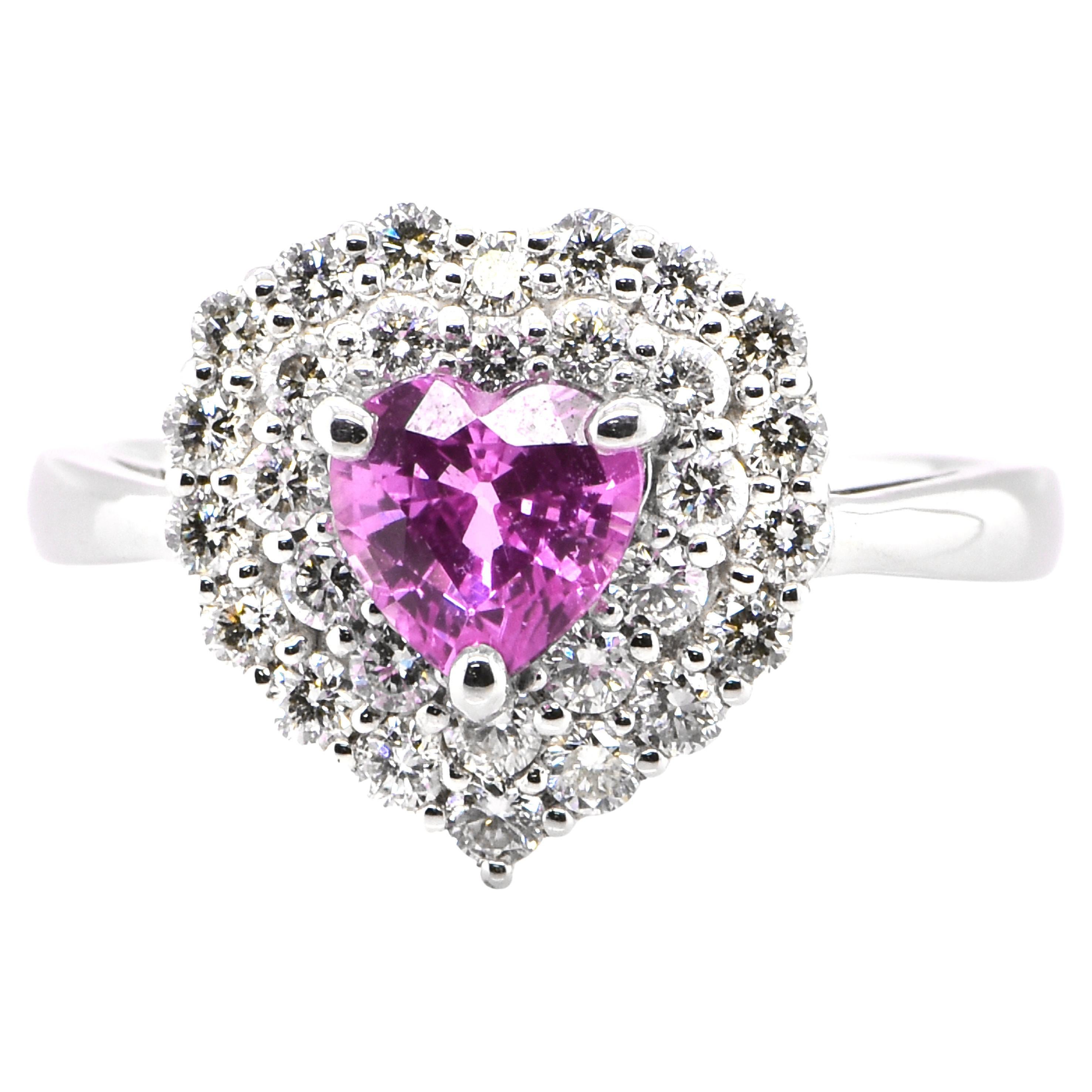 Bague double halo en platine avec saphir rose taille cœur de 1,06 carat et diamants en vente
