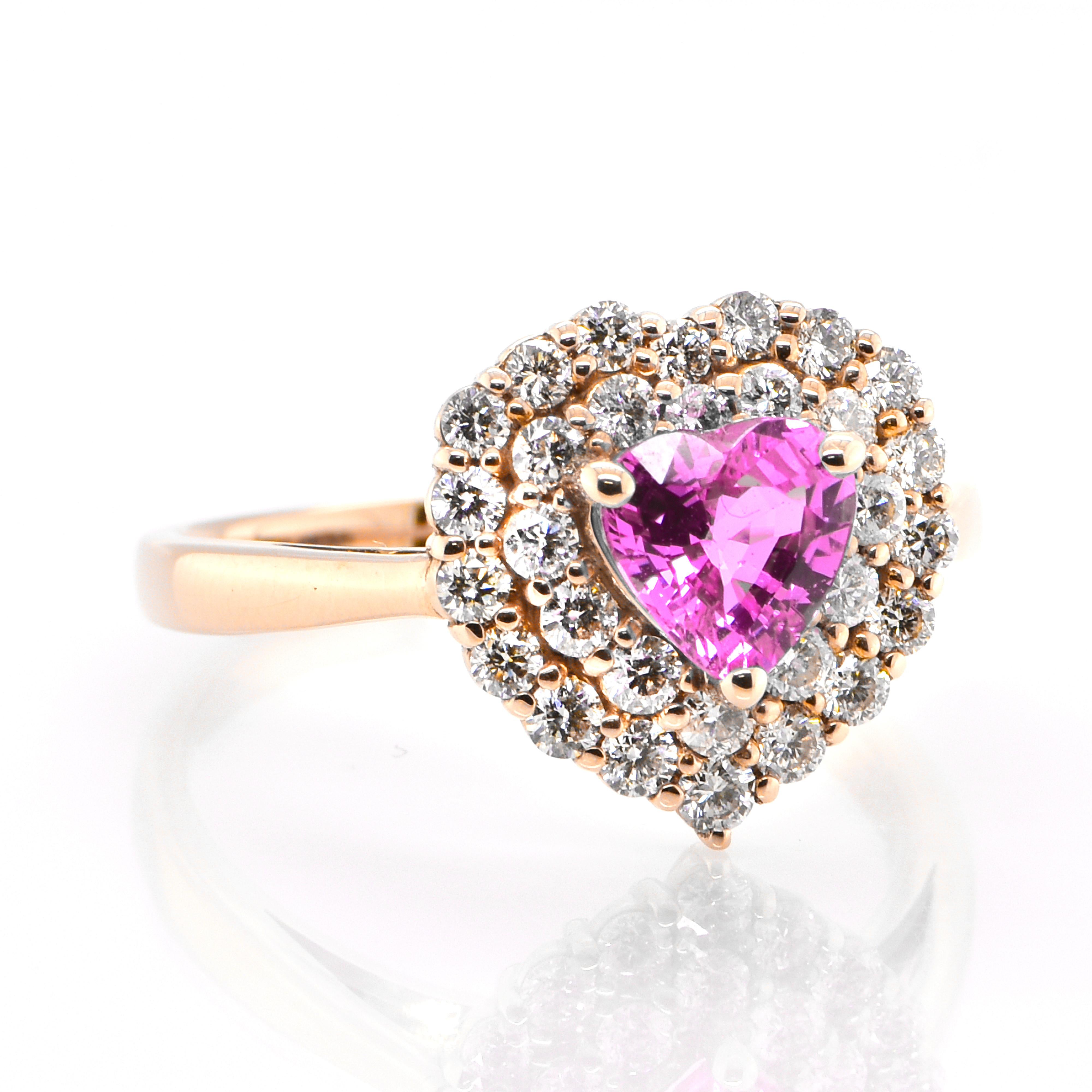 A beautiful ring featuring 1.06 Carat Natural Pink Sapphire and 0.65 Carats Diamond Accents set in 18 Karat Pink Gold. Sapphires have extraordinary durability - they excel in hardness as well as toughness and durability making them very popular in