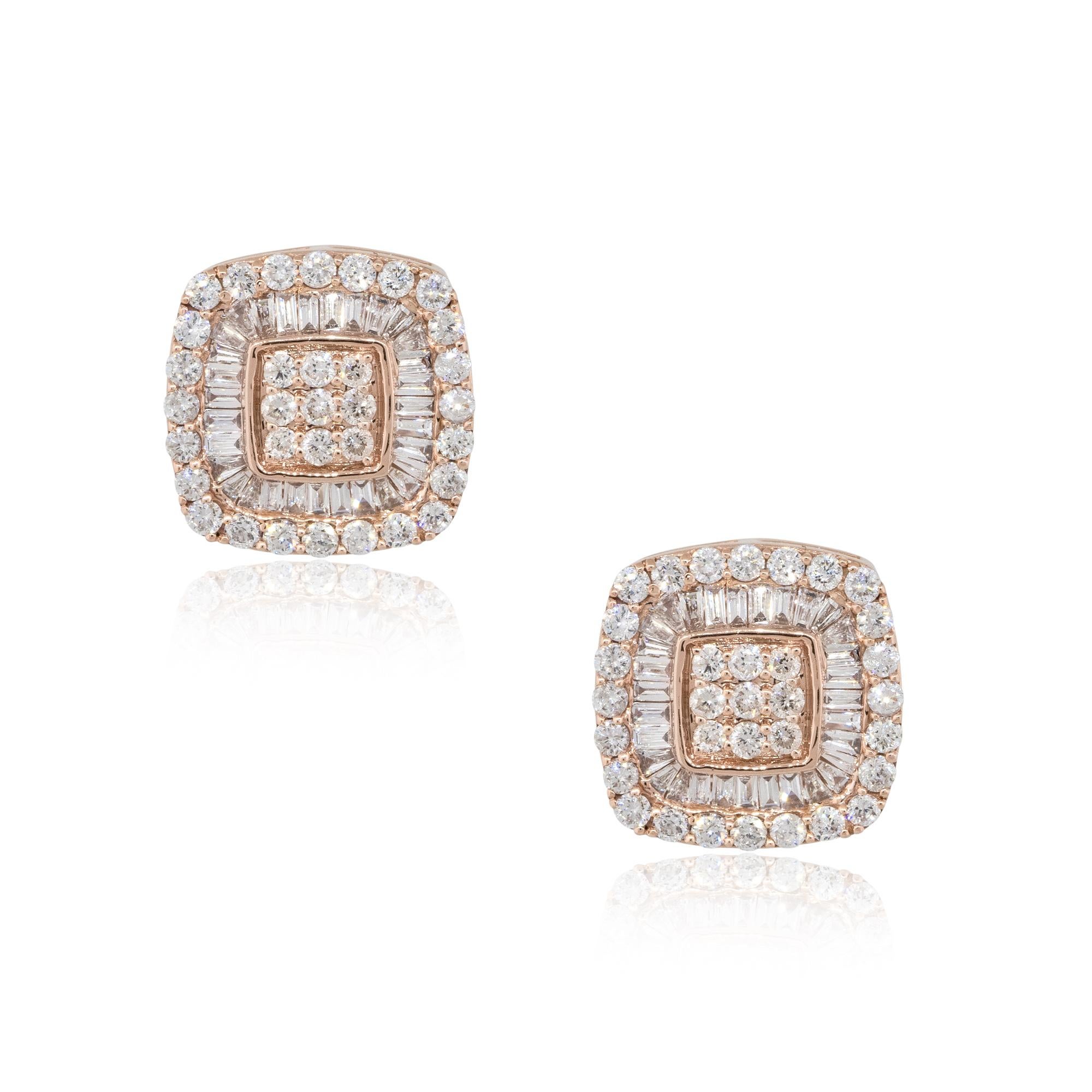 Material: 14k Rose Gold
Diamond Details: Approx. 1.06ctw of round and invisible set baguette Diamonds. Diamonds are G/H in color and VS in clarity.
Measurements: 11.5mm x 15.5mm x 11.5mm
Earrings Backs: Tension posts
Total Weight: 4.6g