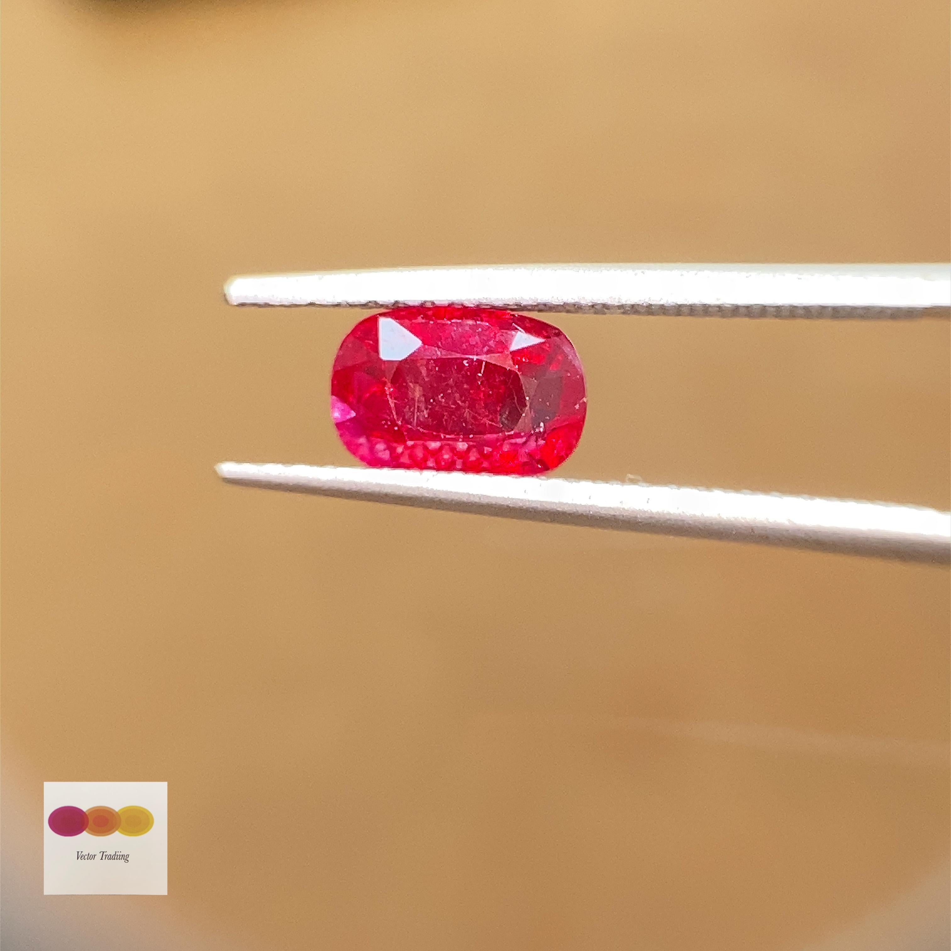 1.05 Carat GIA Certified Natural Burma No Heat Cushion-Cut Pigeon's Blood Red Ruby:

A rare gem, it is a natural cushion-cut Burmese natural unheated vivid red ruby weighing a 1.05 carat. The ruby, certified by GIA Lab, hails from the historic ruby