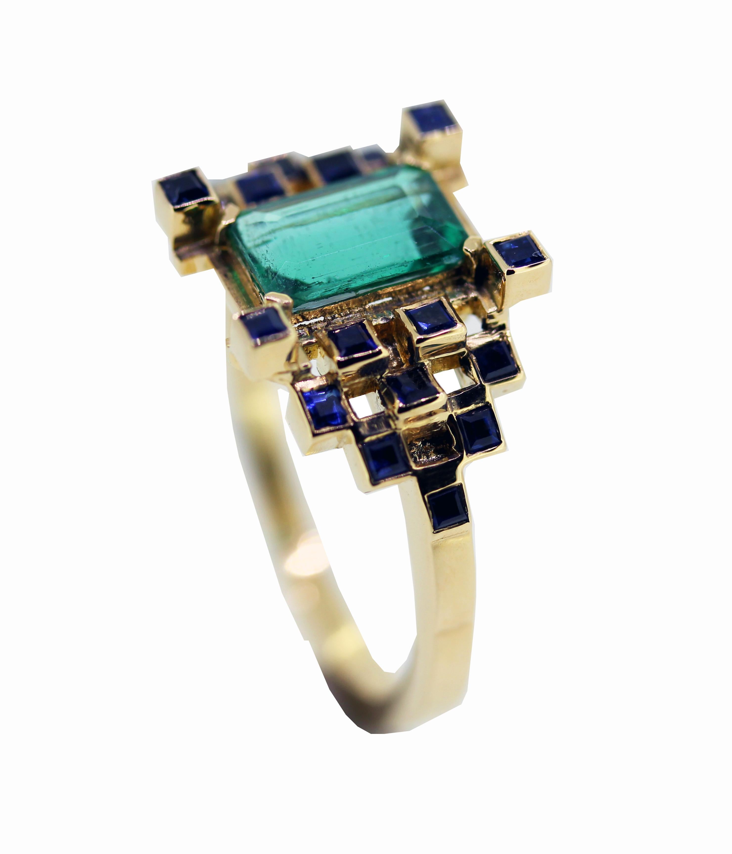 Emerald Cut MAIKO NAGAYAMA 1.06 Carat Natural Emerald and Sapphire Engagement Ring For Sale