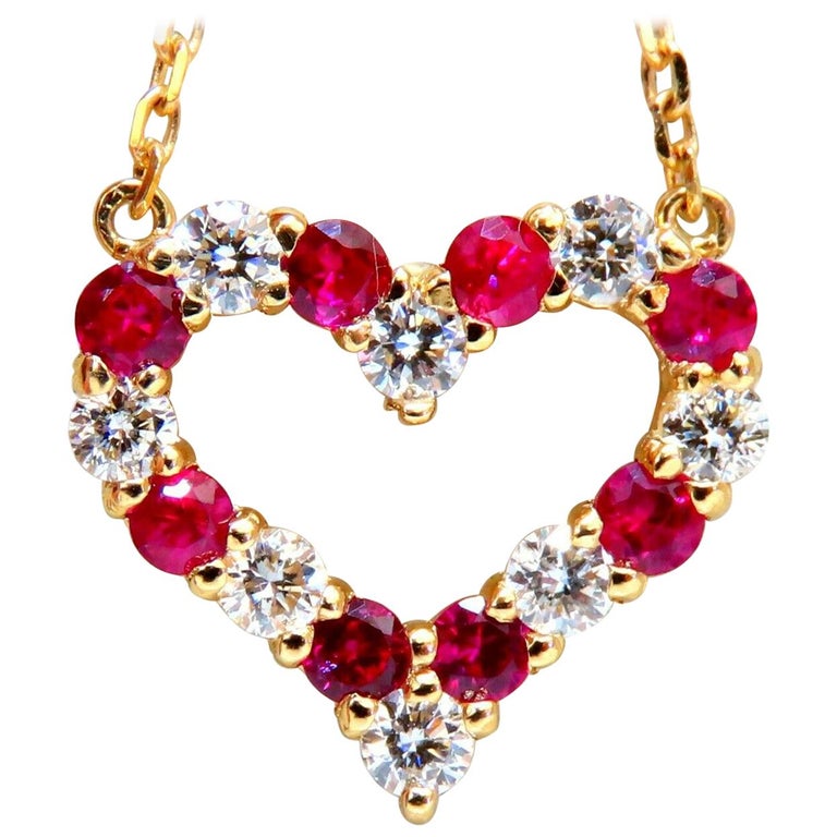 1.06 Carat Natural Red Ruby Diamond Open Heart Necklace 14 Karat For