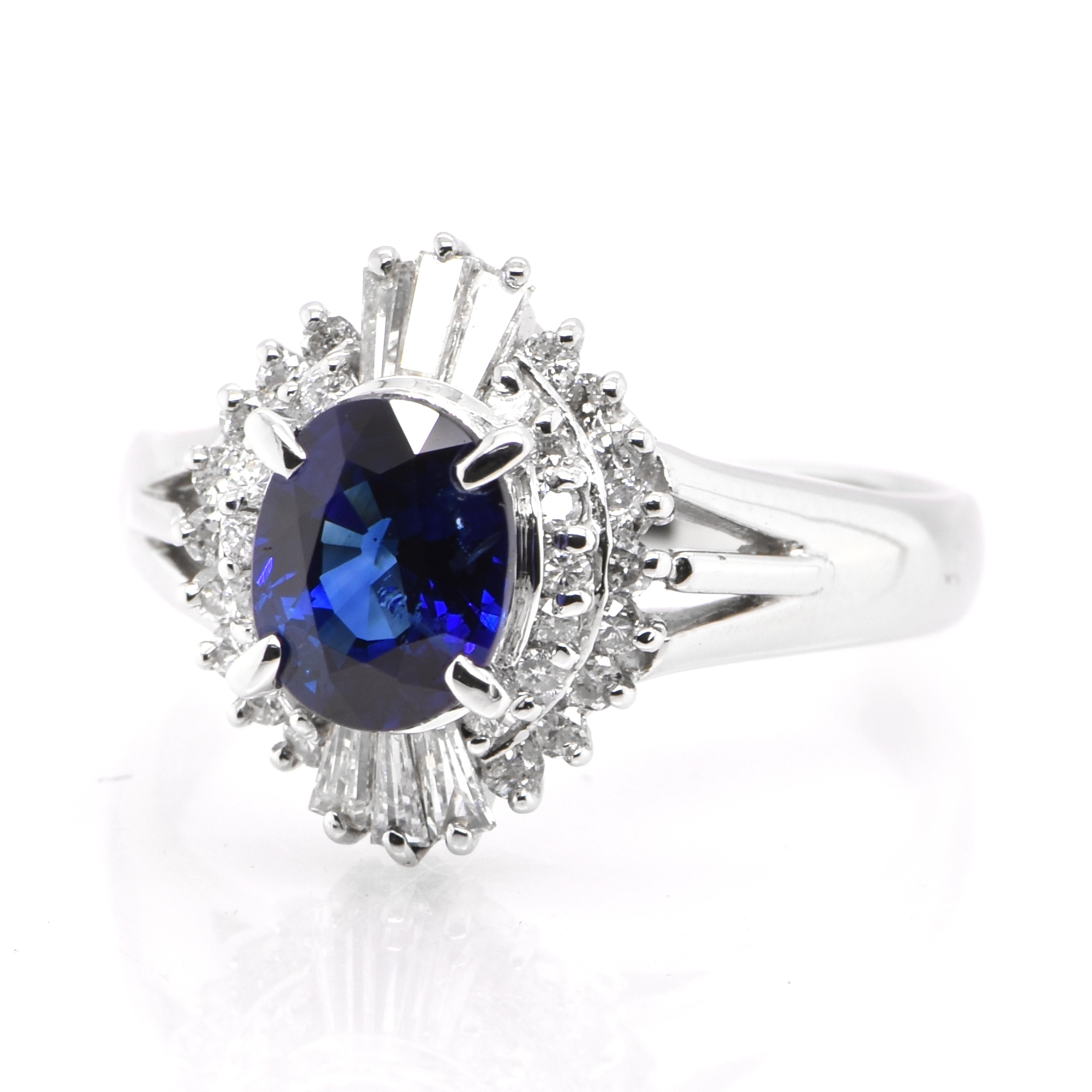 A beautiful ring featuring 1.06 Carat Natural Blue Sapphire and 0.24 Carats Diamond Accents set in Platinum. Sapphires have extraordinary durability - they excel in hardness as well as toughness and durability making them very popular in jewelry.