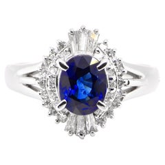 Vintage 1.06 Carat Natural Royal Blue Sapphire & Diamond Ballerina Ring set in Platinum