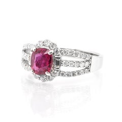 1.06 Carat Natural Vivid Red Ruby and Diamond Ring Set in Platinum
