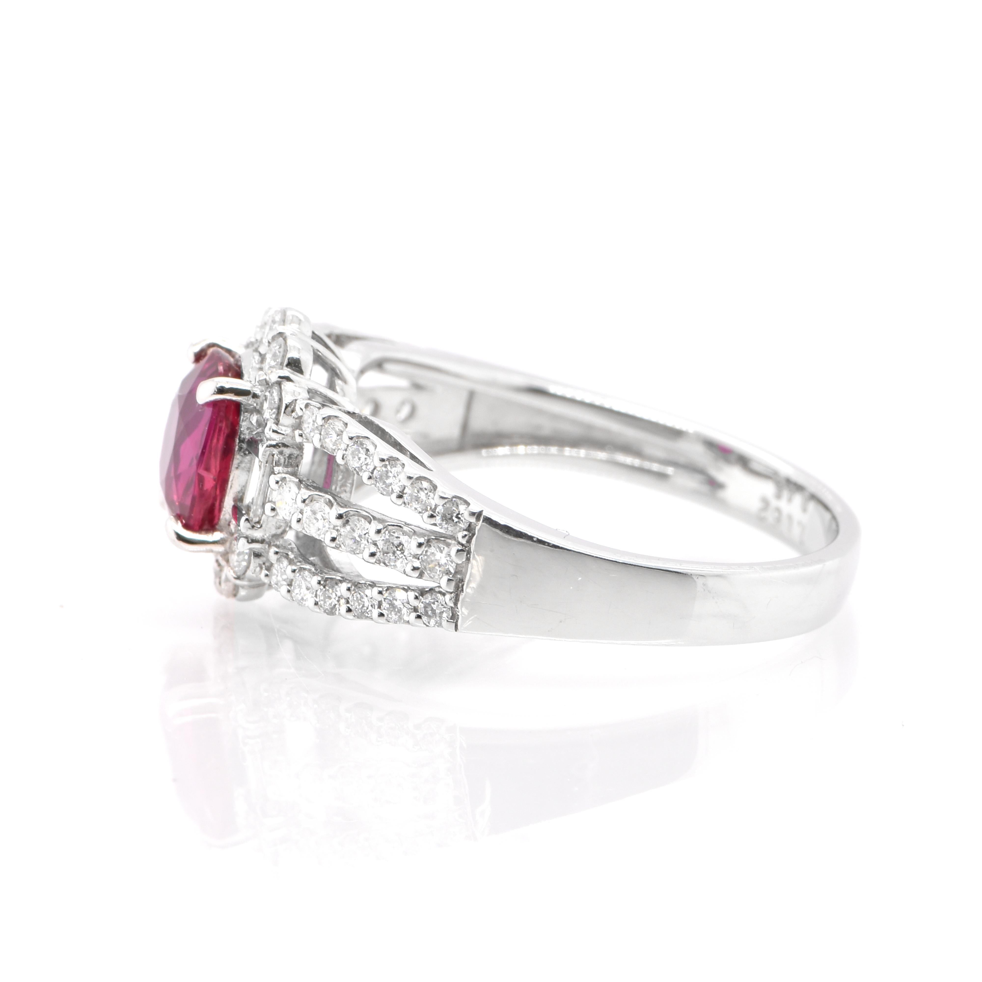 Modern 1.06 Carat Natural Vivid Red Ruby and Diamond Ring Set in Platinum For Sale