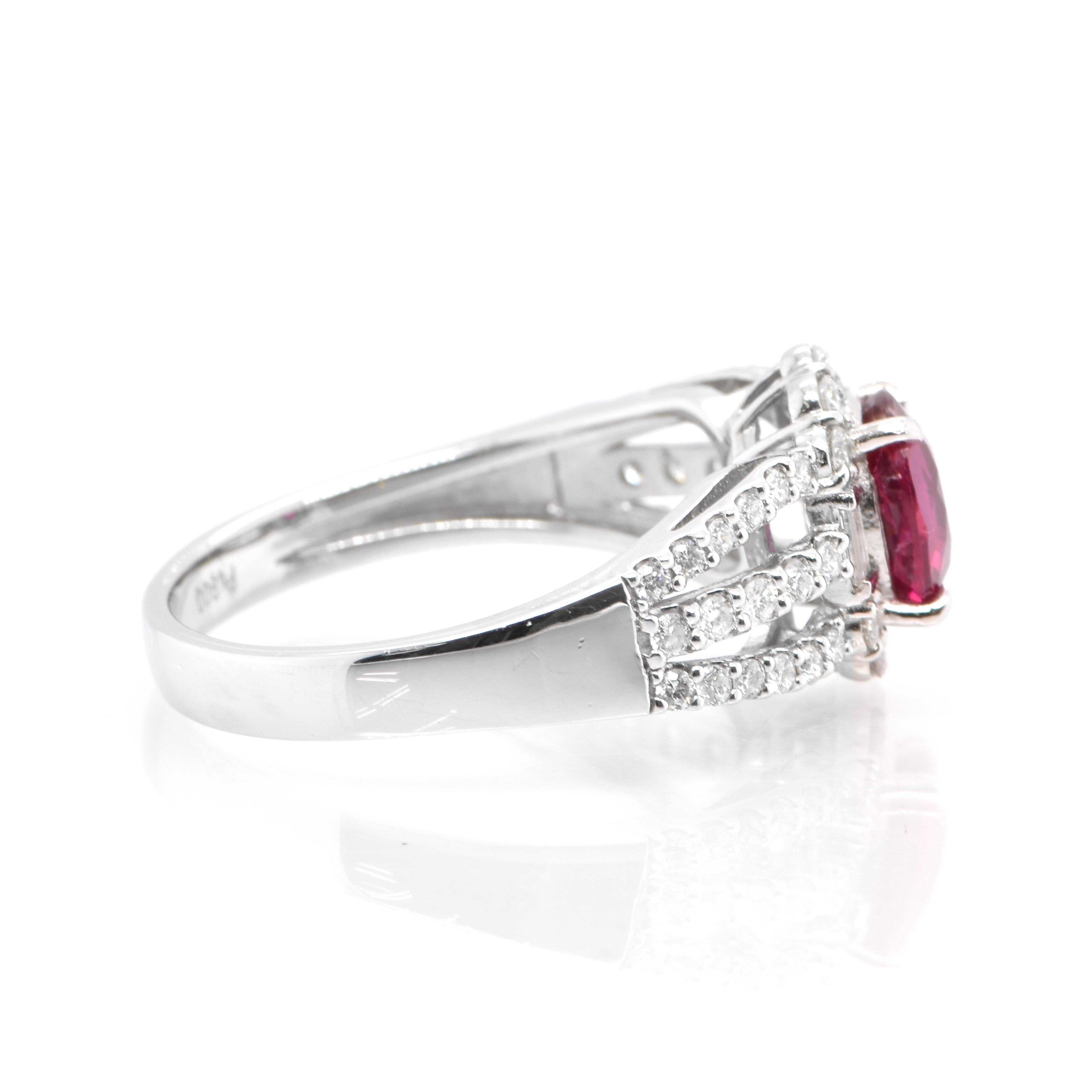 Oval Cut 1.06 Carat Natural Vivid Red Ruby and Diamond Ring Set in Platinum For Sale