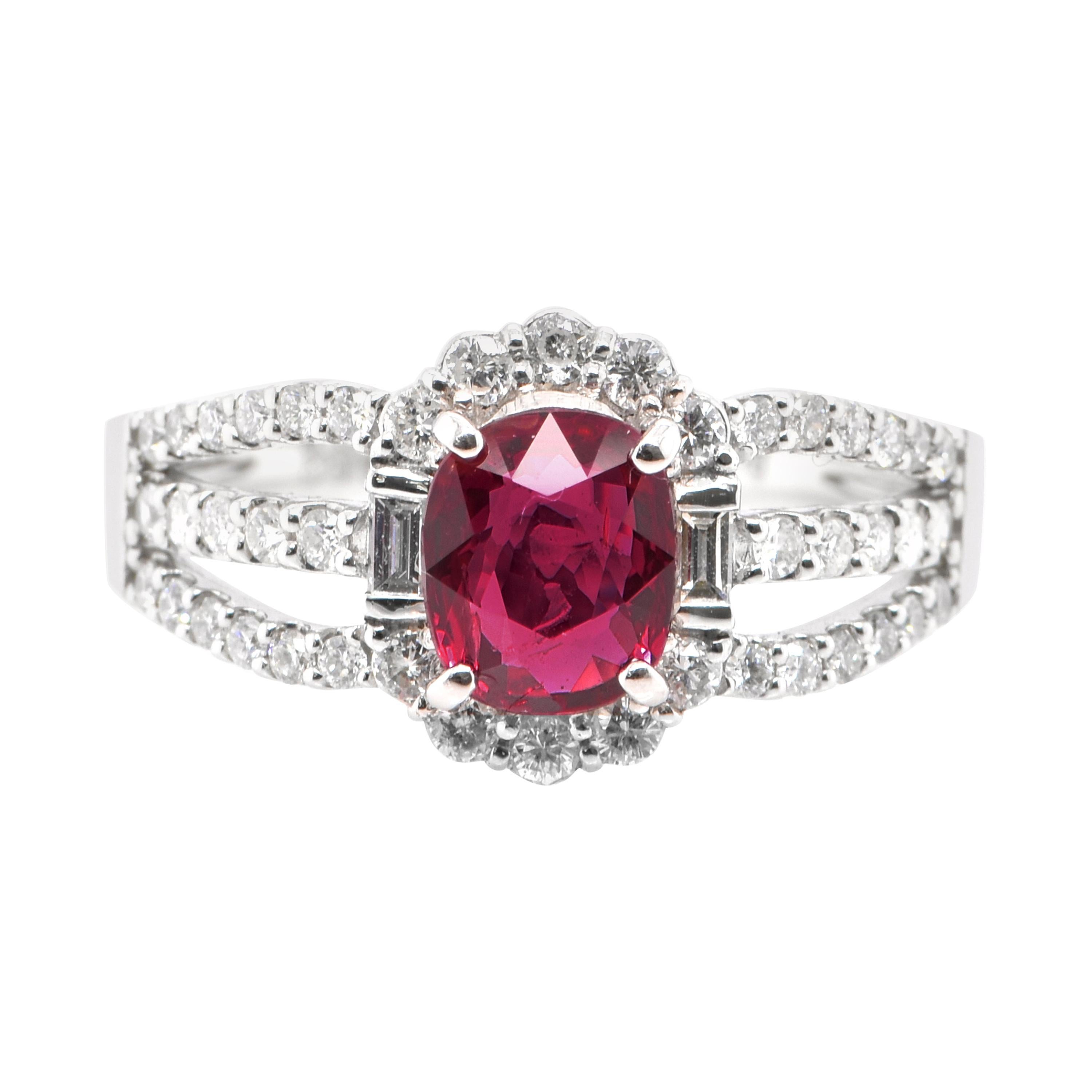 1.06 Carat Natural Vivid Red Ruby and Diamond Ring Set in Platinum For Sale