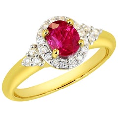 1.06 Carat Natural Ruby Halo Ring 23 Points VS/G Diamonds Set in 18 Karat Gold