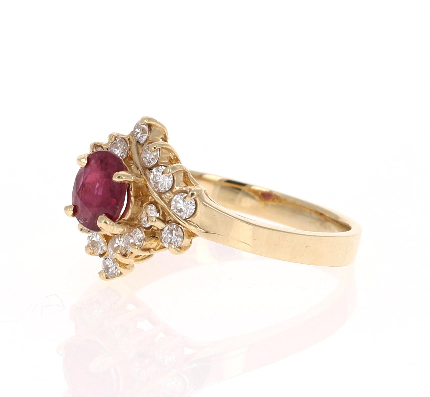 Contemporary 1.06 Carat Oval Cut Burmese Ruby Diamond 14 Karat Yellow Gold Ring For Sale