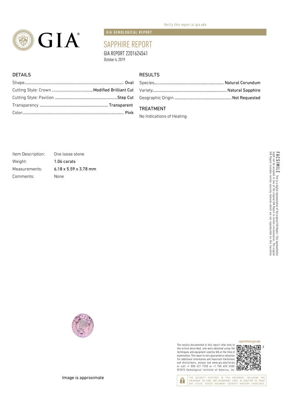Saphir rose ovale non chauffé de 1,06 carat certifié GIA Unisexe en vente