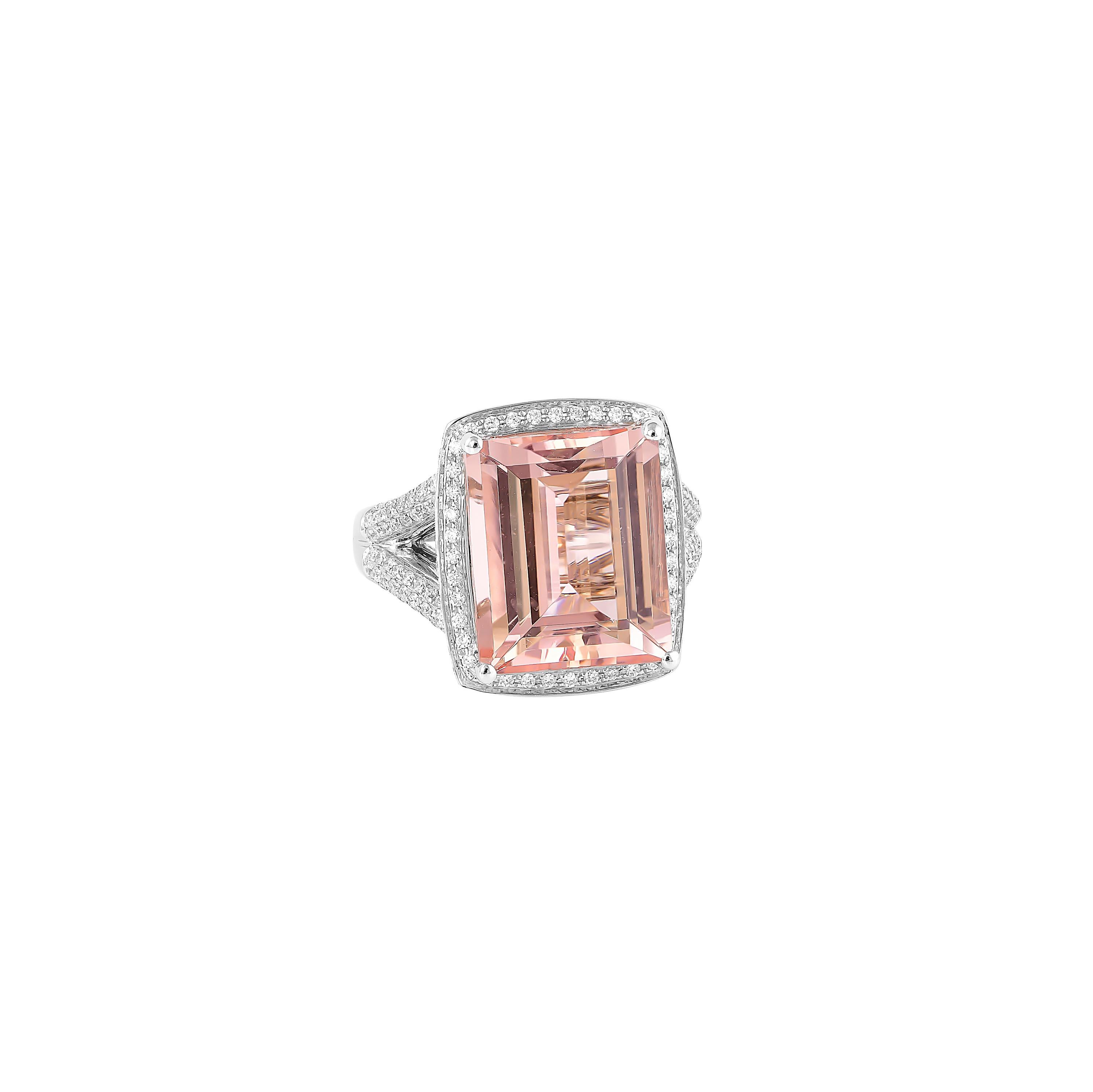 This collection features an array of magnificent morganites! Accented with diamonds these rings are made in white gold and present a classic yet elegant look. 

Classic pink morganite and white diamond ring in 18K white gold. 

Morganite: 10.63